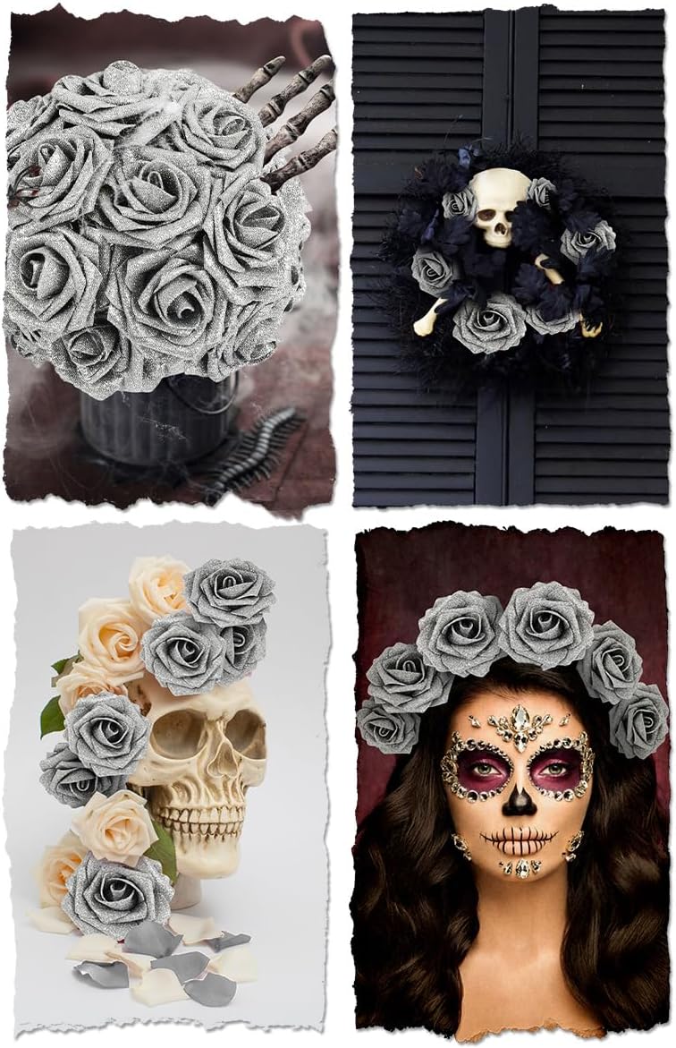 N&T NIETING Artificial Flowers Glowing Silver Flowers Foam 50pcs Glitter Roses Real Looking Fake Roses with Stem for DIY Wedding Bouquets Centerpieces Bridal Shower Party Home Decorations