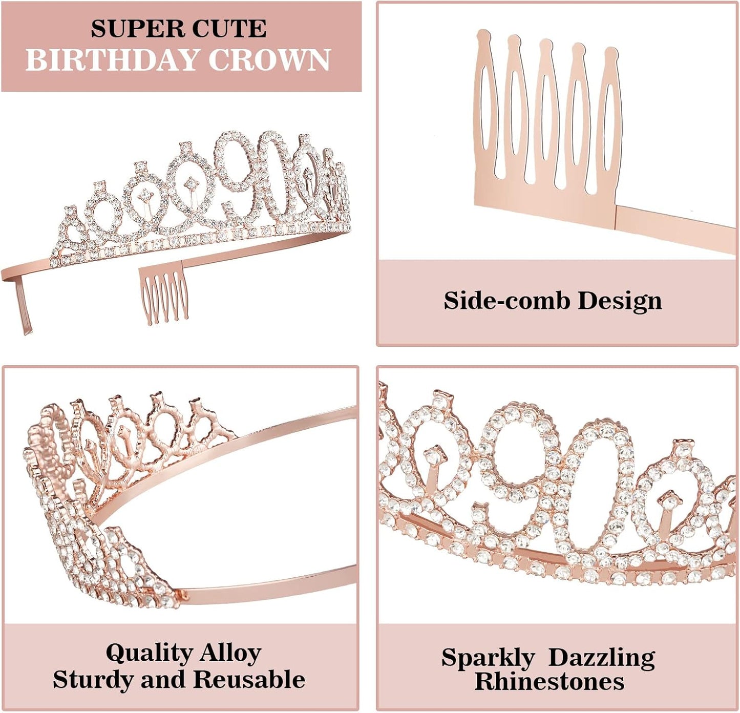 90th Birthday Decorations Women, Including Crown/Tiara, Sash, Cake Topper and Candles, Happy 90th Birthday Decorations for Women