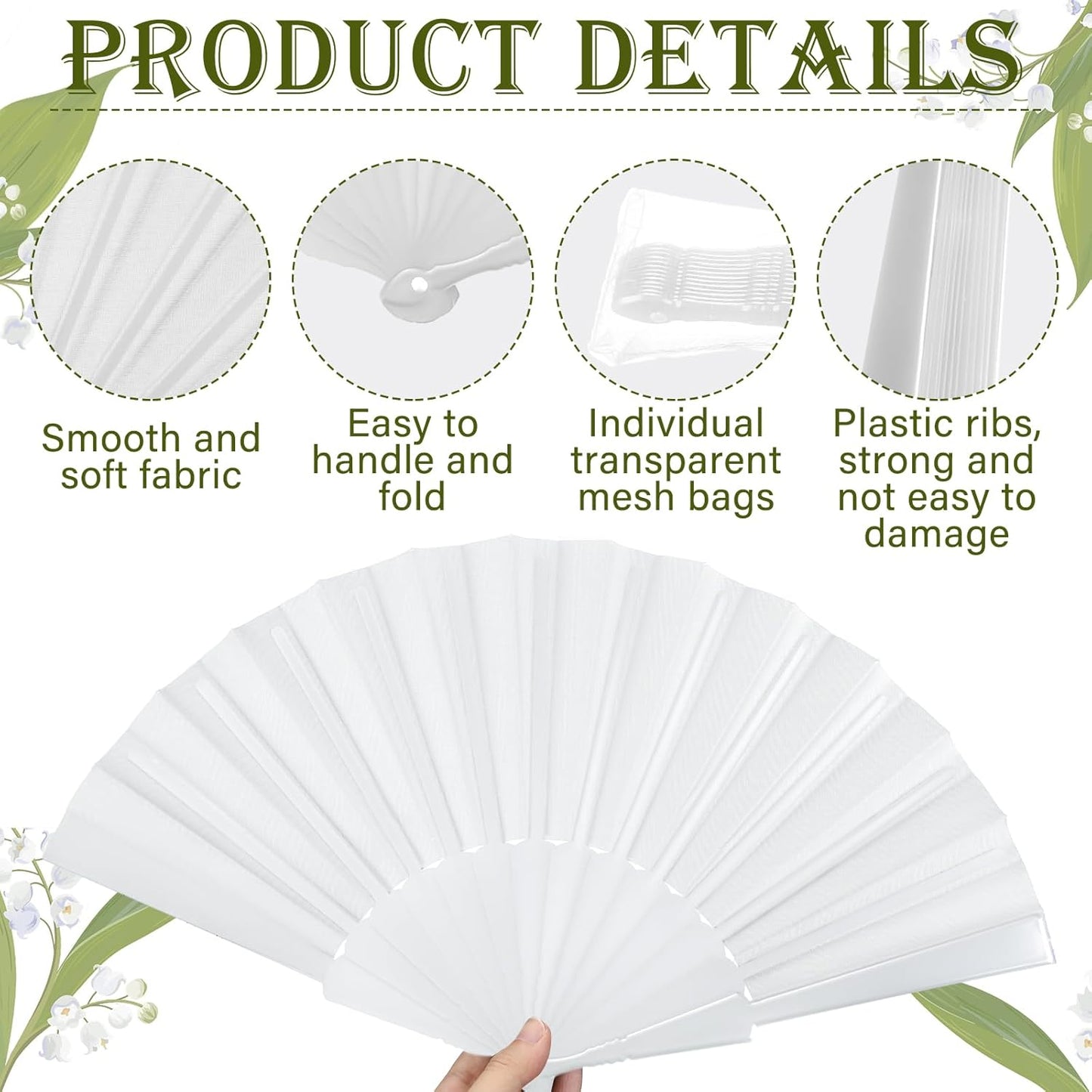 Wenqik 120 Pcs Wedding Folding Hand Fans Bulk Silk Fabric Chinese Handheld Foldable Clack Fans with Plastic Ribs for Party, Wedding Gifts, Line Dancing, Home Decorative (White)