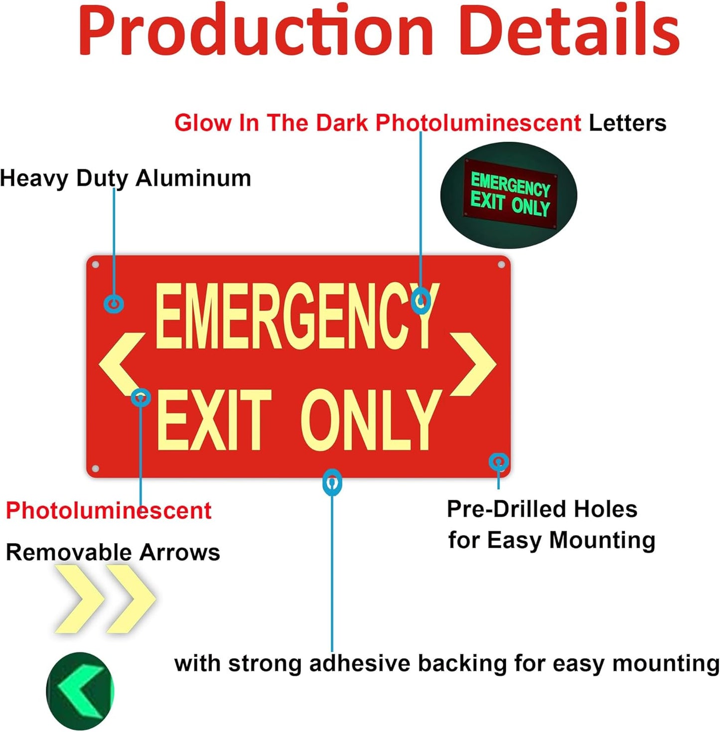(2Pack) Photoluminescent Emergency Exit Sign Red, Glow In The Dark Aluminum Exit Sign - Adhesive Backing - 4pcs Removable Arrows Included - 14.25 x 7.5 Inches - Non Electrical Exit