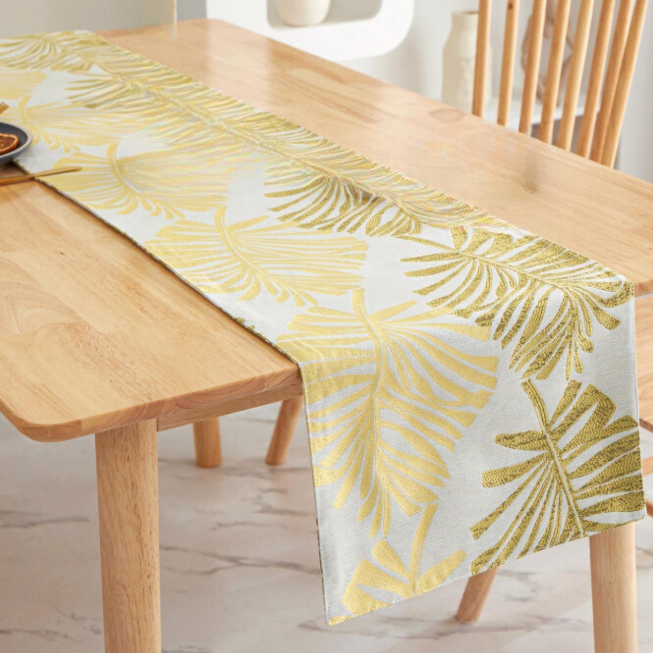 Monstera Leaf Table Runner – Elegant Fabric Table Centerpiece, Machine Washable, Gold or Green, 71"/83"/94" Length, 13" Width (Gold/83)