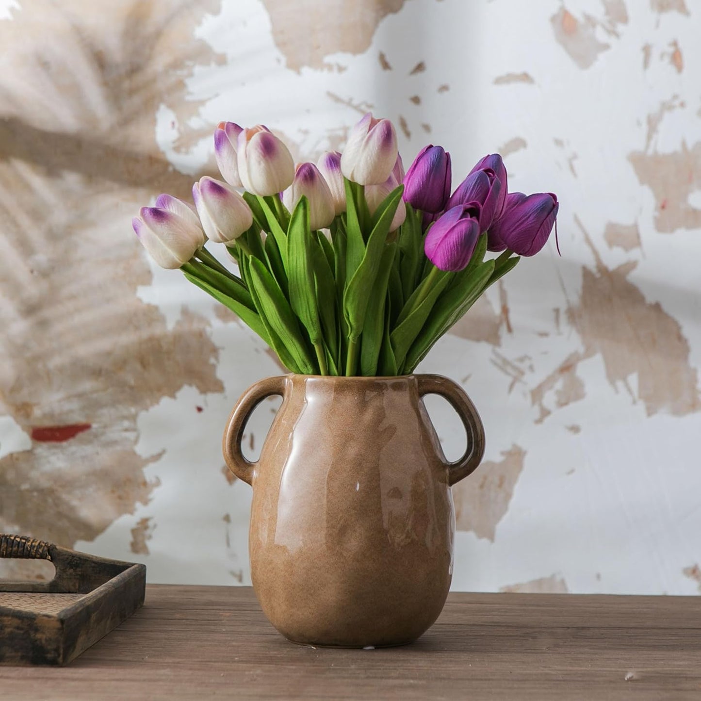 Brown Ceramic Vase with 2 Handles for Modern Farmhouse Home Decor, Vintage Rustic Decorative Vases, Small Vase for Fresh and Dried Flowers, Centerpiece Table Decorations, 7 Inch