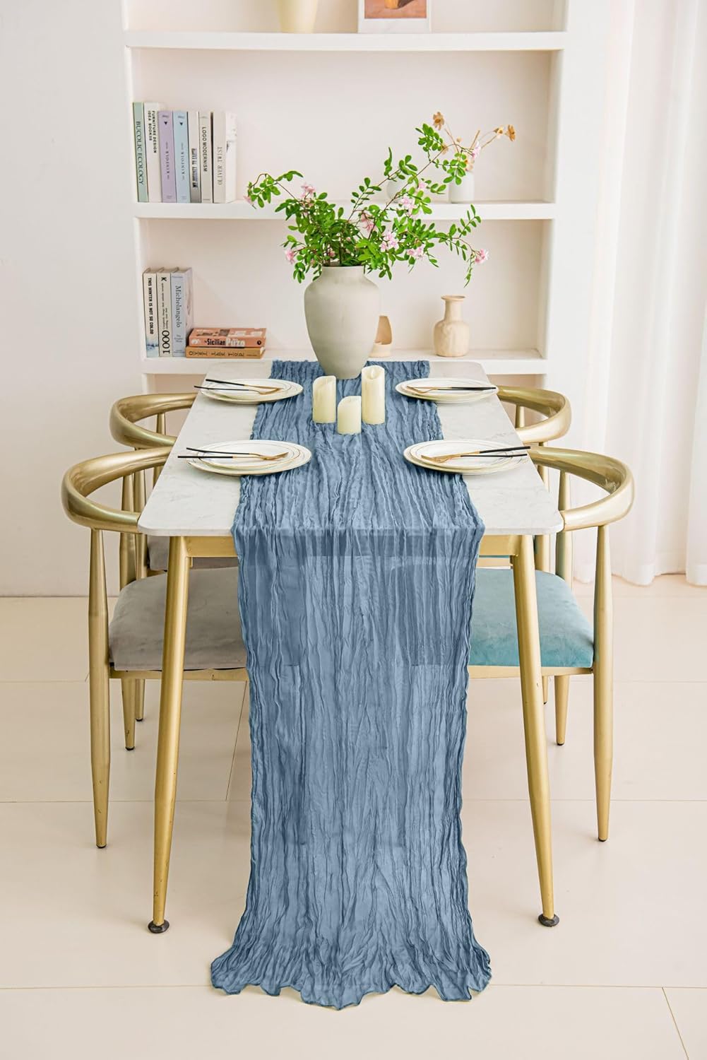 12 Pack Dusty Blue 10 Ft Cheesecloth Table Runner 20x120 Inch Boho Wrinkled Sheer Romantic Gauze Decor for Wedding, Bridal Shower, Birthday Party
