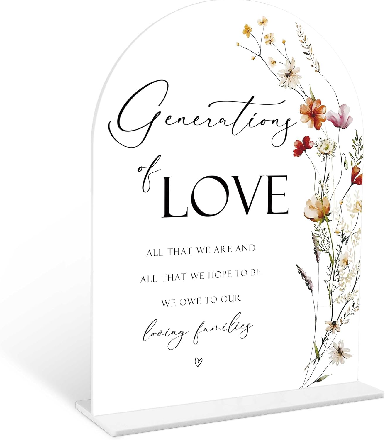Boho Floral Generations Of Love Sign, 6 x 8 Inch White Arch Acrylic Wedding Sign with Holder, Wedding Sign for Ceremony and Reception, Wedding Decoration, Wedding Supplies - BX16