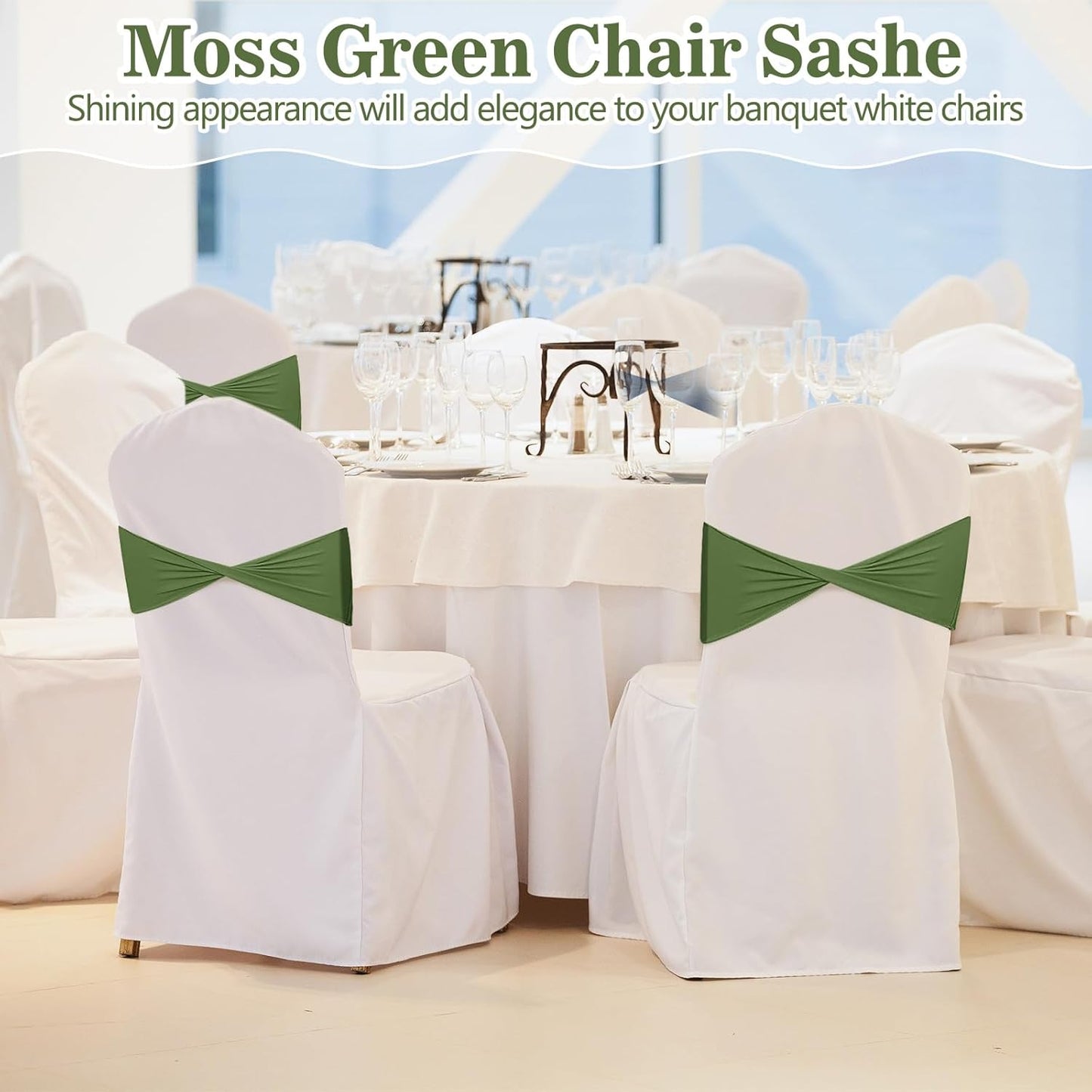 Kinlop 50 Pcs Spandex Chair Sashes Bows Chair Bands Slider Sashes for Covers Elastic Bands Ties Without Buckle Decorations for Wedding Party Events Ceremony Birthday (Moss Green)