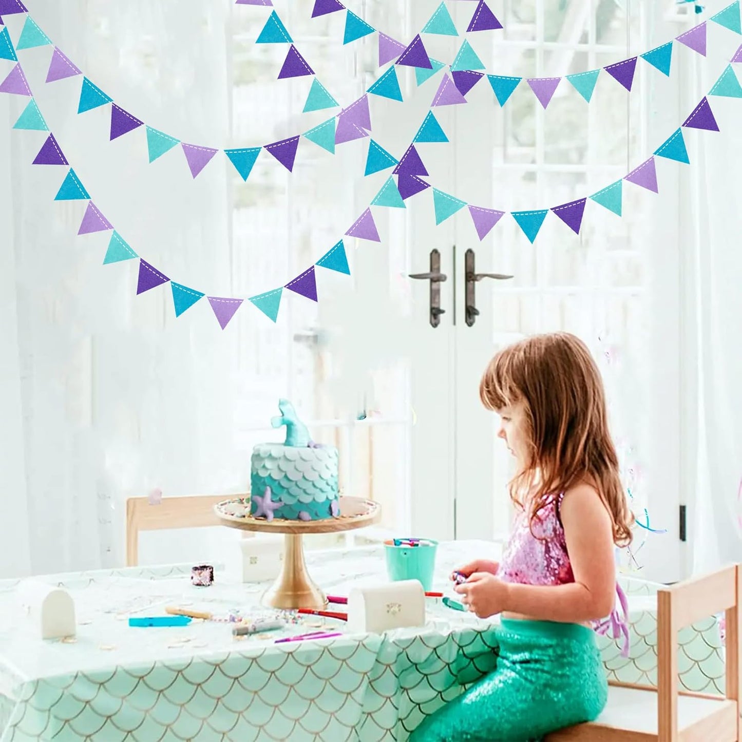 Mermaid Party Decorations Purple Teal Felt Hanging Triangle Mini Bunting Pennant Banner Flag for Birthday Wedding Baby Shower Bachelorette Little Mermaid Under The Sea Party Classroom Nursery Decor