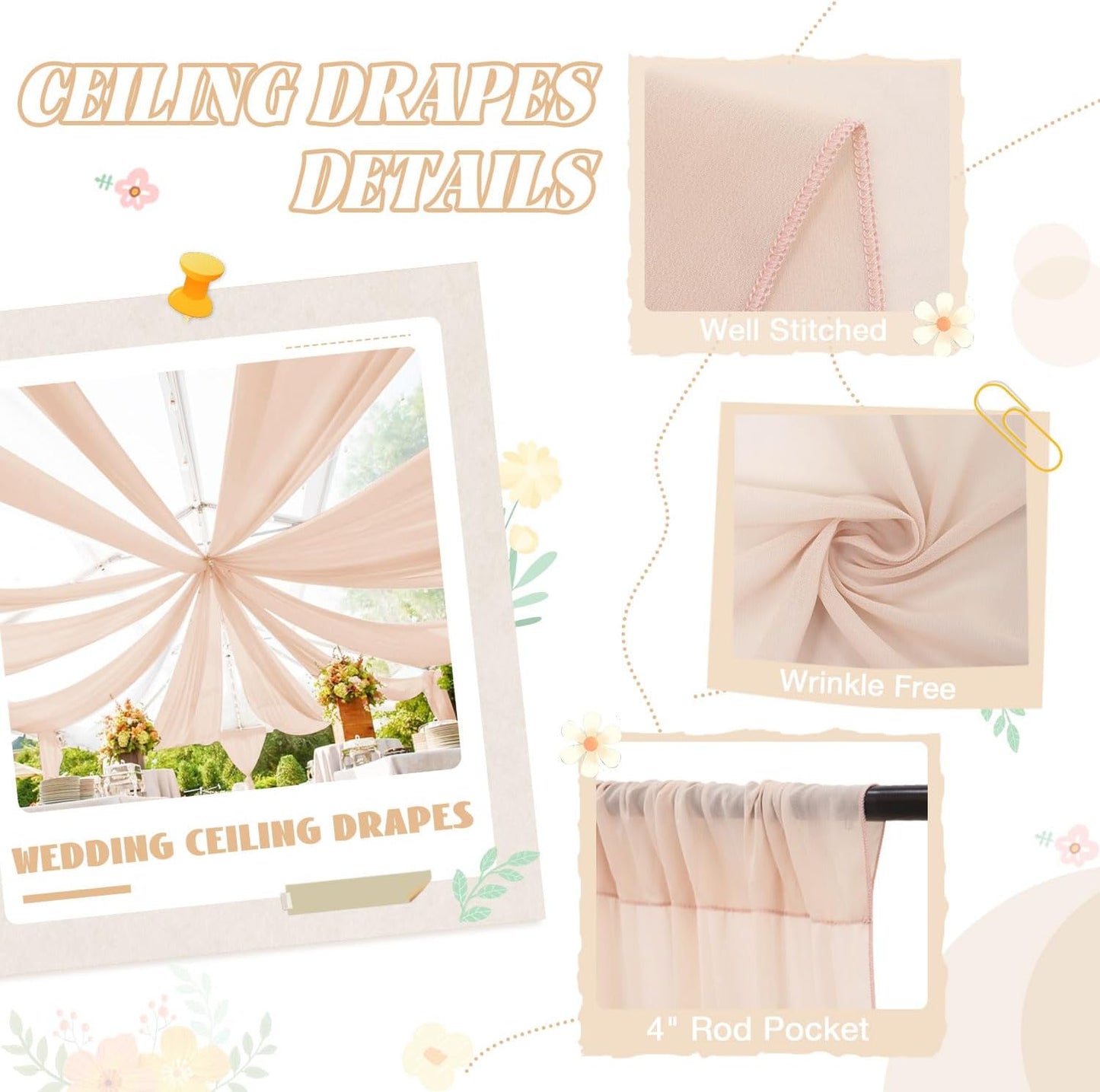 FUHSY Ceiling Drapes for Weddings 4 Panels 5x20 FT Champagne Chiffon Fabric Drape Sheer Backdrop Curtains for Bridal Wedding Arch Draping Fabric Tent Ceiling Curtains Hanging Kit for Bedroom Canopy