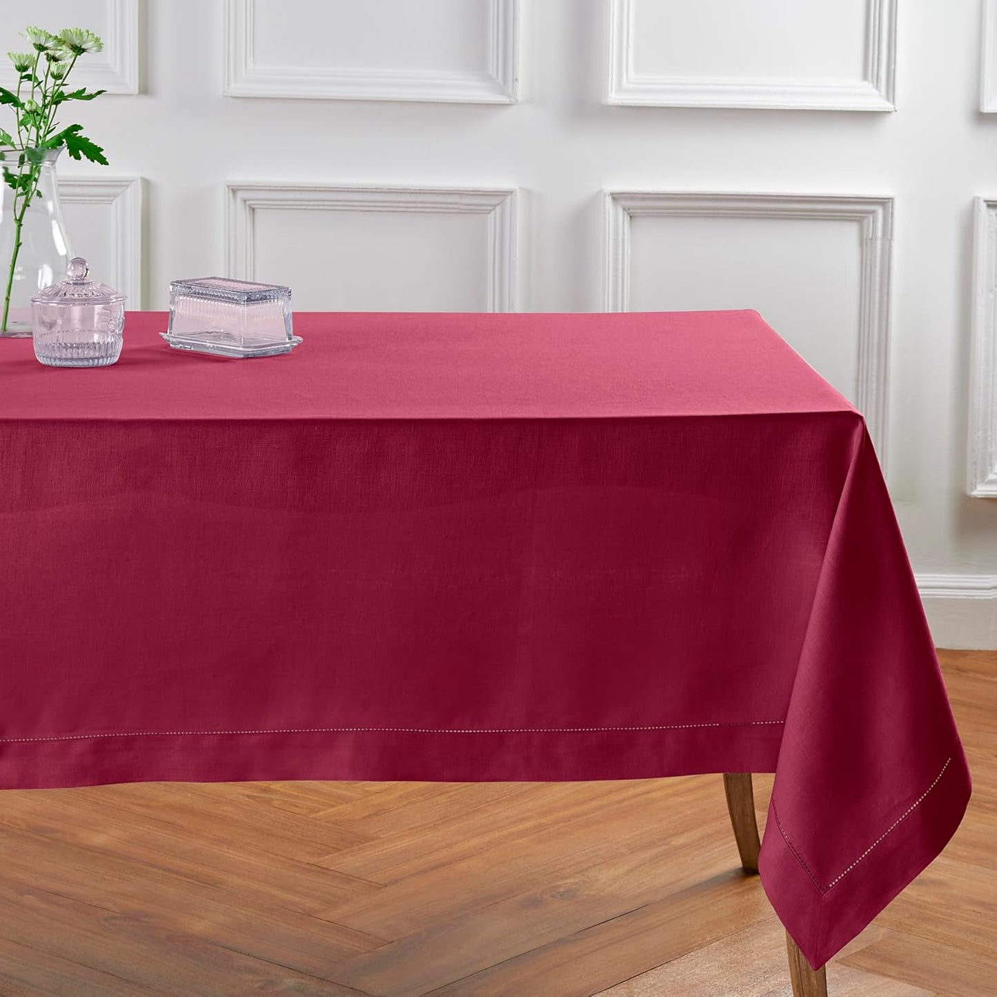 Solino Home Beet Linen Tablecloth 60 x 90 Inch - 100% Pure Linen Hemstitch Table Cloth for Rectangle Tables - Classic Hemstitch, Machine Washable Tablecloth for Fall, Thanksgiving, Christmas, Holiday