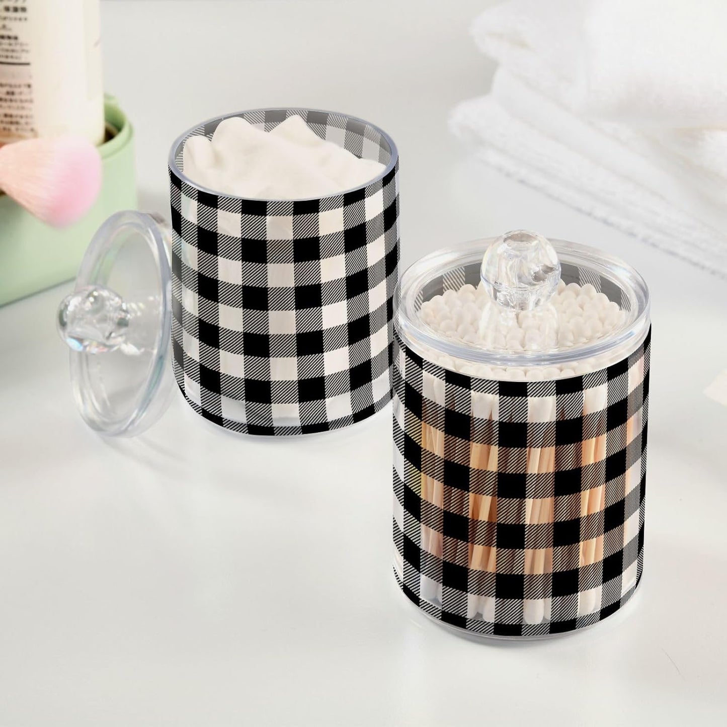 Gredecor Qtip Holder Dispenser 4 Pack Black White Classic Buffalo Plaid Apothecary Jars with Lids Bathroom Vanity Countertop Canister Storage Organizer for Cotton Ball,Swabs,Pads,Floss