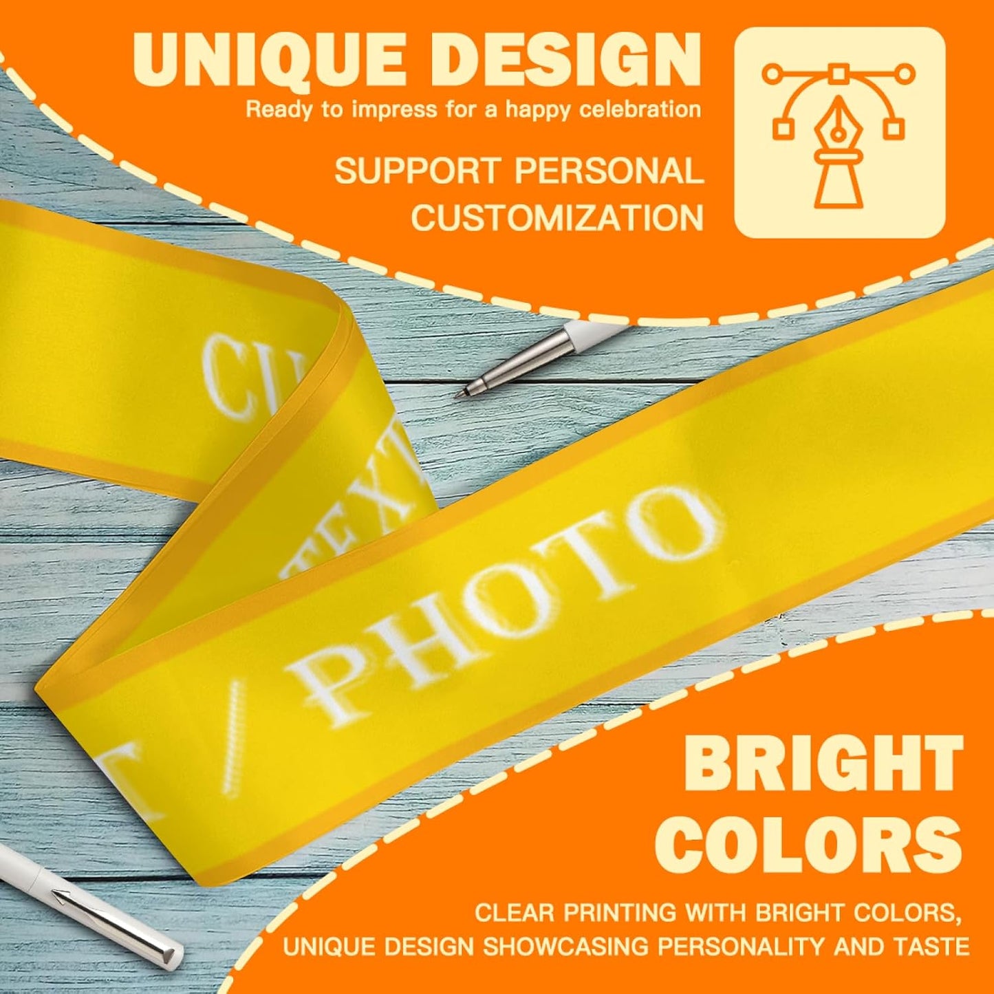Custom Sash,Personalized Birthday Sash with Text Photo,Customized Bachelorette Sash Quote Sash Bride to Be Sash Color Optional (With decorative edge, Yellow)