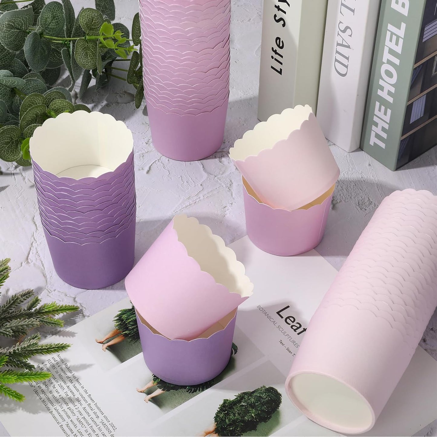 Whaline 120Pcs Purple Paper Baking Cups Scalloped Edge Cupcake Wrappers Gradient Purple Cupcake Muffin Cases for Wedding Birthday Baby Shower, 3 Colors