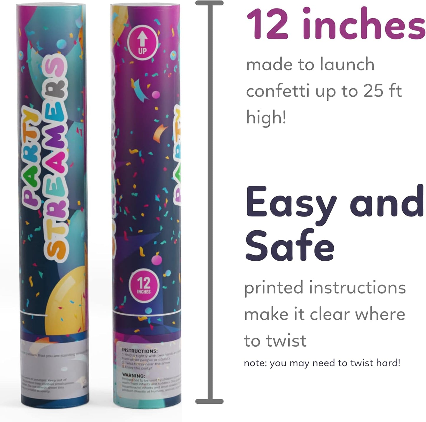 No Mess Streamer Confetti Cannon Party Poppers | 2 Pack | Multicolor Streamers | Glitter Bomb Confetti Shooters | Decoration for Birthday, Wedding | Launches 25 ft | 12 inch | TUR Party Supplies