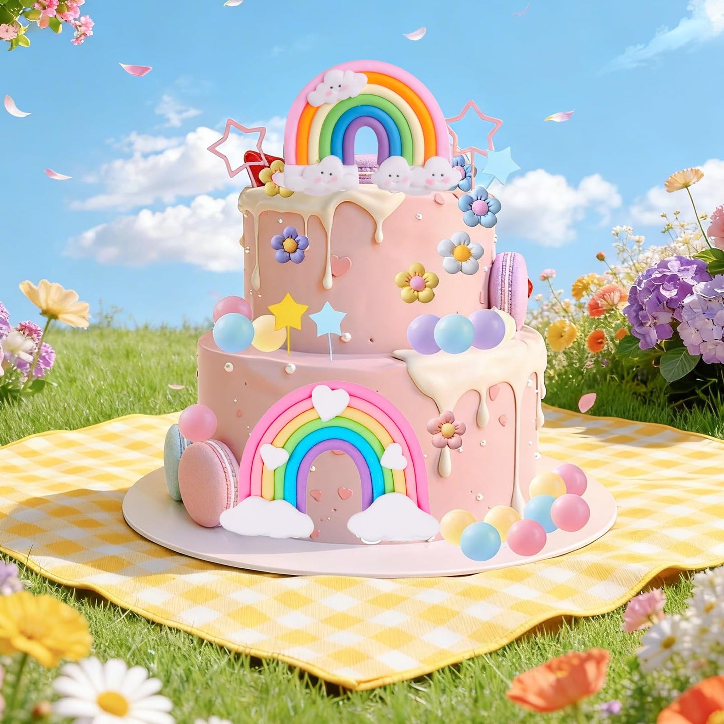 39 Pcs Rainbow Cake Topper with Pastel Balls and Daisy Flowers