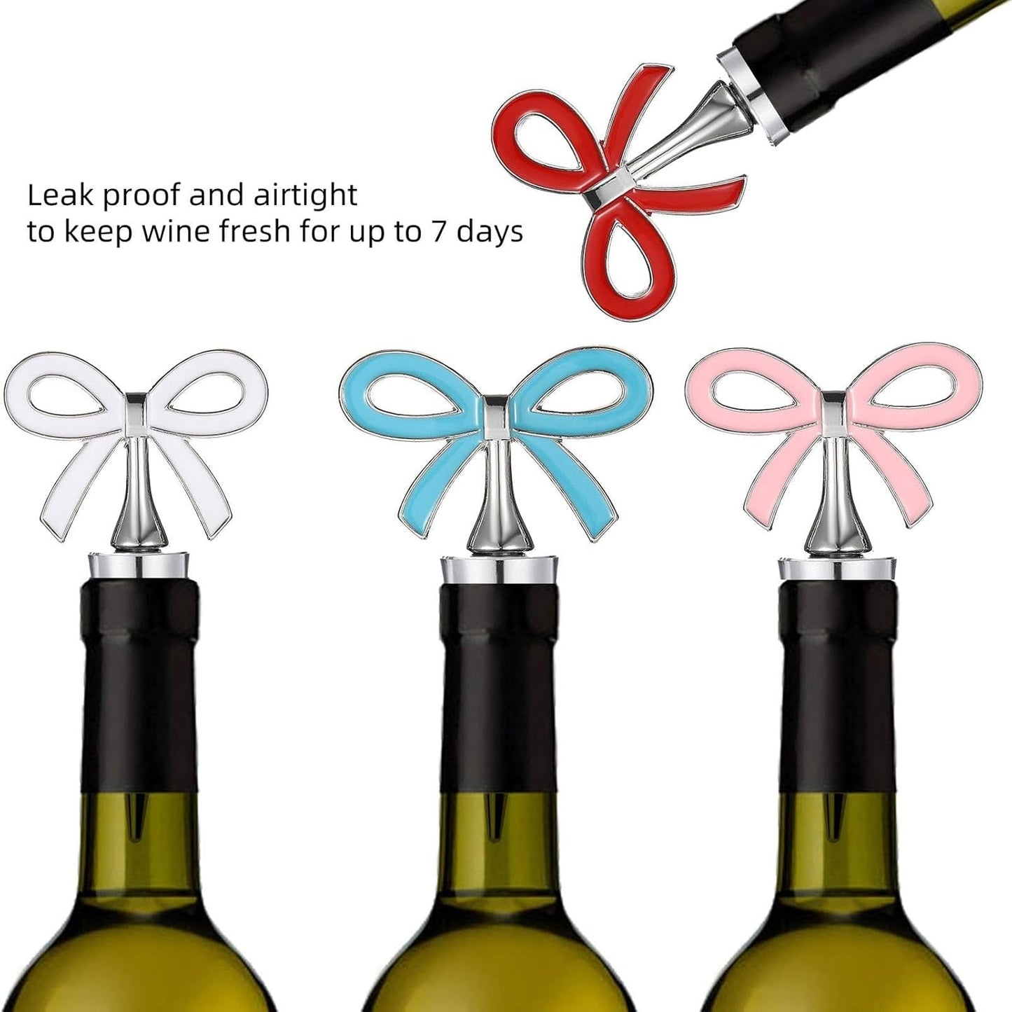 Cute Bow Wine Stopper Set of 4, Decorative Removable Metal Wine Bottle Stopper, Reusable Vacuum Bottle Corks with Silicone for Women, Gift, Christmas, Holiday Party - Silver