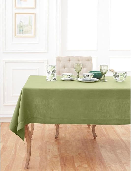 Solino Home Linen Tablecloth 60 x 132 Inch - Classic Hemstitch 100% Pure Linen Moss Green Table Cloth for Rectangle Tables - Machine Washable Tablecloth for Fall, Autumn, Thanksgiving