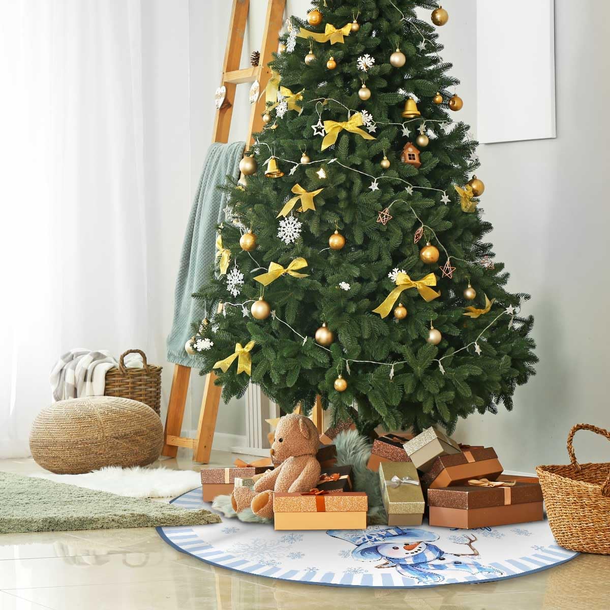 Let It Snow Snowman Christmas Tree Skirt 48 Inches, Blue Snowflake Tree Skirt, Winter Xmas Tree Mat for Home Party Holiday Indoor Outdoor Decorations (Blue, 48in)