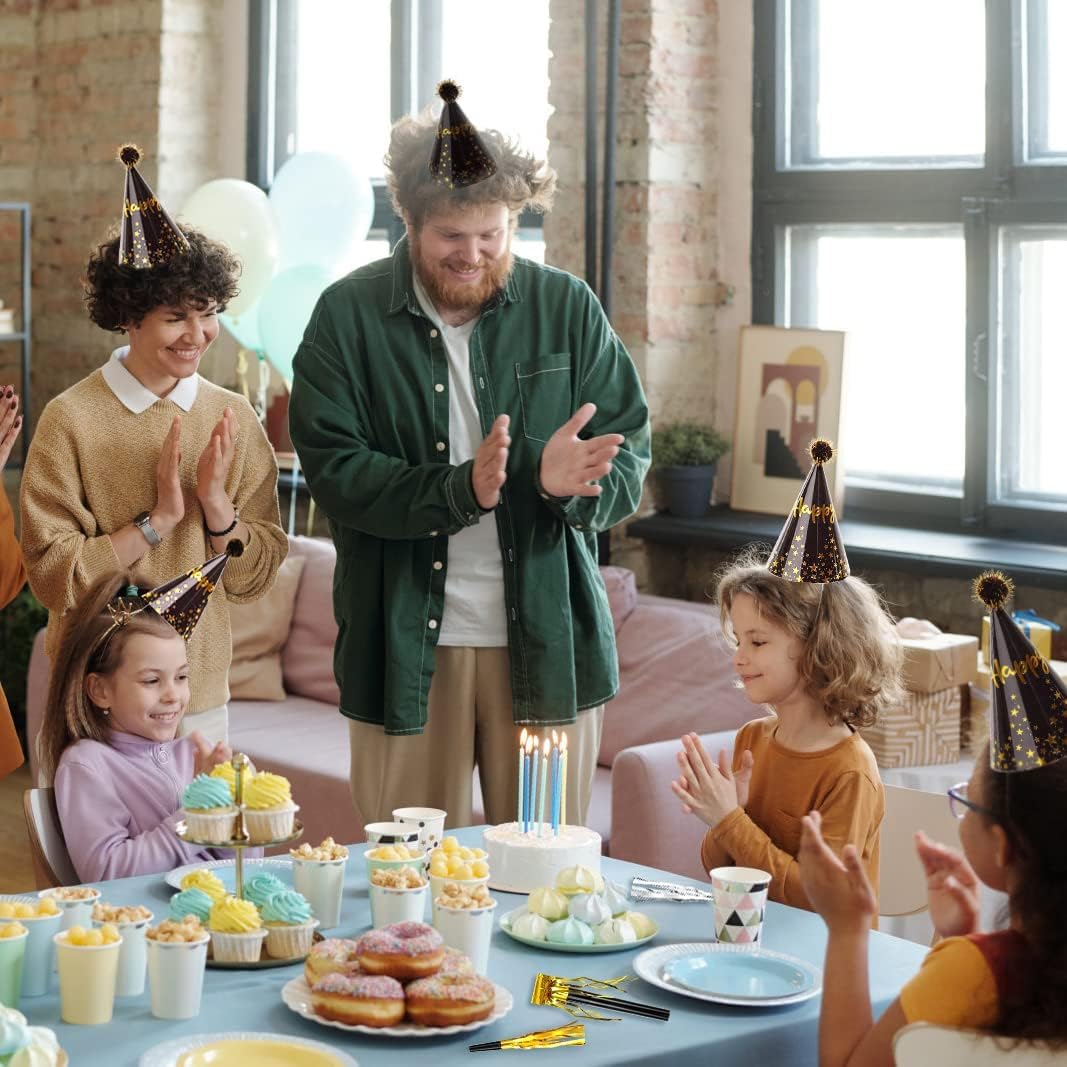 34 Pcs Birthday Party Hats - Gold Cone Hats Including 12 Paper Hats and 22 Noise Makers