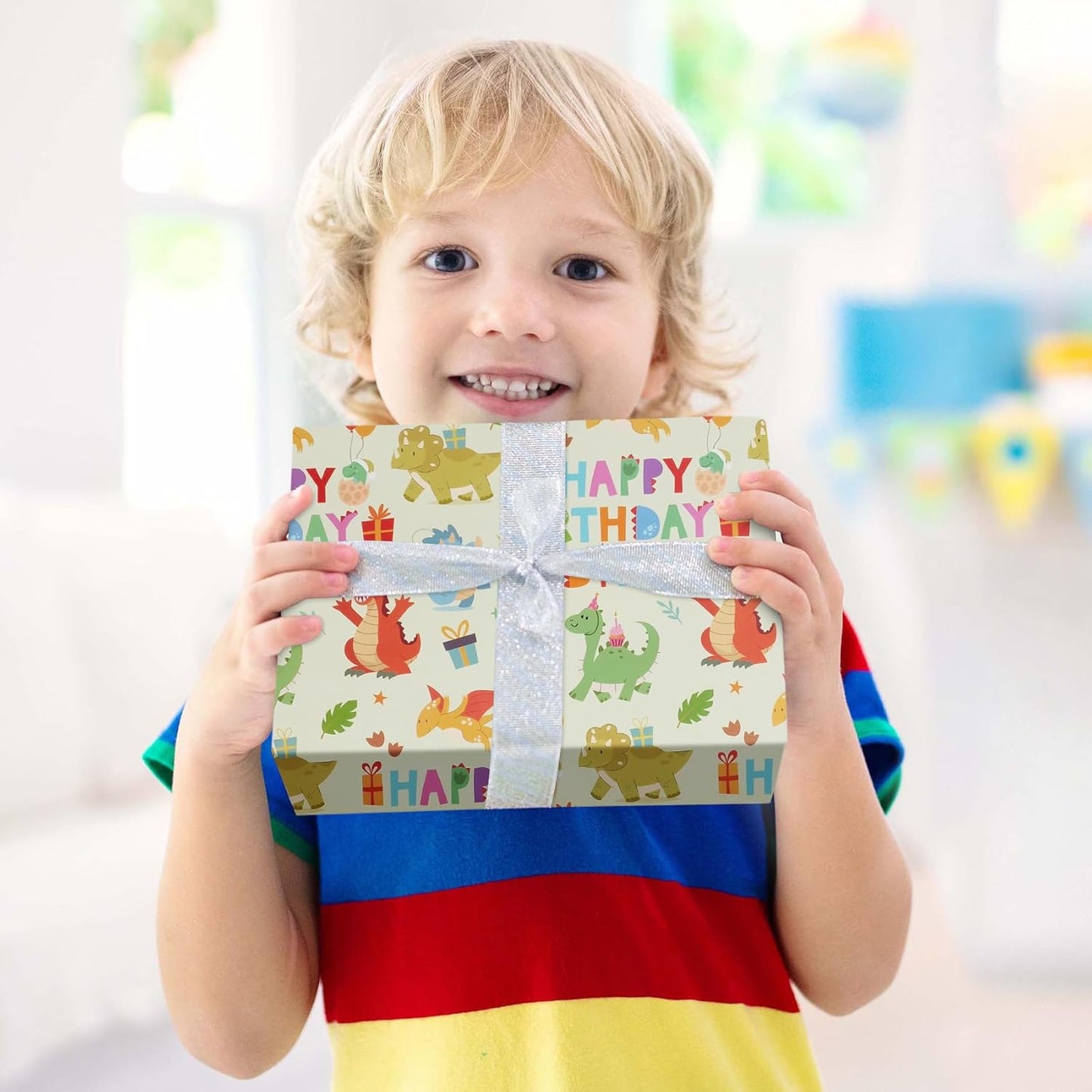 Aimyoo Dinosaur Birthday Wrapping Paper Roll - 17 Inch X 32.8 Feet - Green Happy Birthday Dino Pattern Gift Wrap Paper for Boys Party, Baby Shower, Holiday