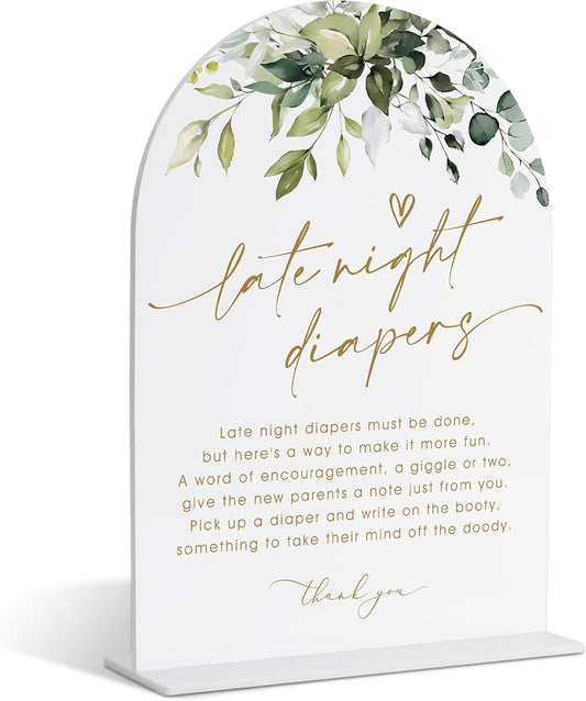 Late Night Diapers Sign, Greenery Gold Baby Shower Sign, Dirty Diaper Game, Neutral Baby Shower Decorations, Gender Reveal Table Acrylic Decorations, Table Centerpieces for Party Event - 22