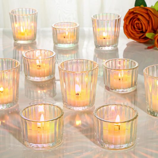 24 Pcs Ribbed Iridescent Votive Candle Holders - Glass TeaLight Candle Holders for Weddings, Baby Showers, Home Décor, Party Centerpieces, and Table Decorations