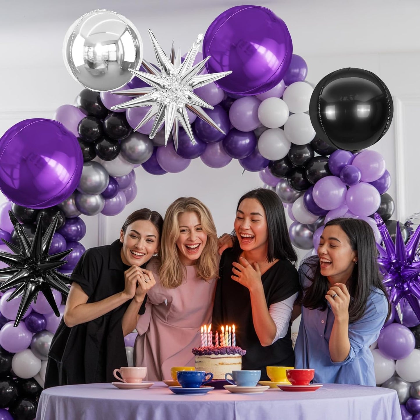 6Pcs Black Purple Silver Foil Balloons,22Inch Purple Black Silver 4D Round Ball Balloon and Explosion Star Balloon for Birthday Halloween Wedding Baby Shower Anniversary Party Decorations