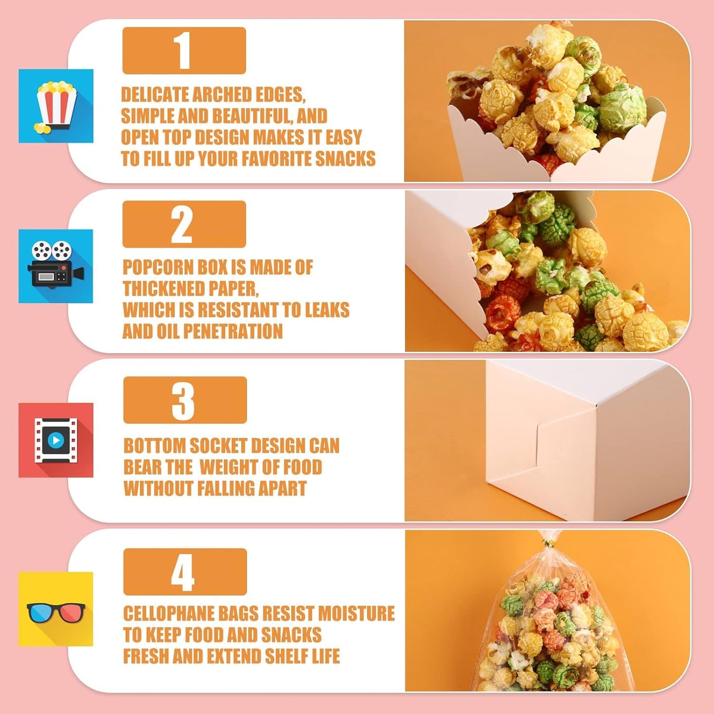 Zopeal 200 Pcs Mini Popcorn Boxes and Clear Treat Bag Set, Bulk Popcorn Bags Open Top Paper Popcorn Containers with Treat Bags Popcorn Candy Boxes for Movie, Party, 3 x 4 Inch (White)