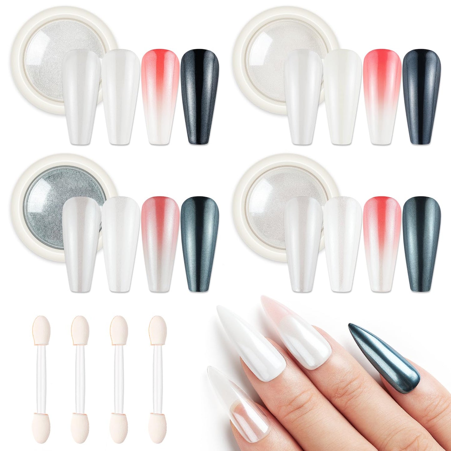 AIMEILI Pearl Chrome Nail Powder, Vegan, Cruelty Free, 4 Colors Aurora Metallic Holographic Mirror Effect Nail Art Pigment Iridescent Shell Glitter Nail Art