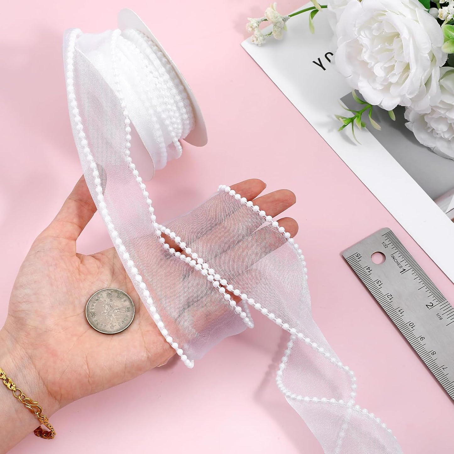 1.5 Inch Faux Pearl Ribbon, Smooth White Ribbon with Pearl Edges Wire, 4.5m Sheer Mesh Ribbons for Gift Wrapping, Bows Bouquet Decor Crafts, Wedding Bridal Decorations