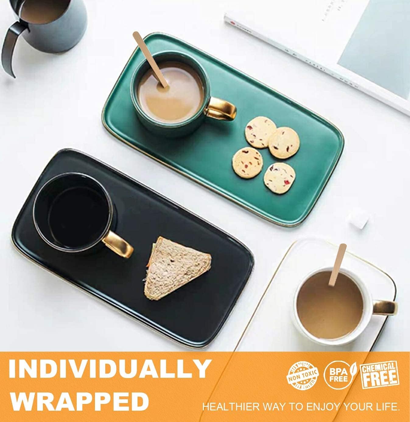 5×1000Pcs Disposable Wood Coffee Stir Sticks Stirrers Individually Paper Wrapped Coffee Tea Beverage Stirrers Stirrings 5.5 Inch,140mm