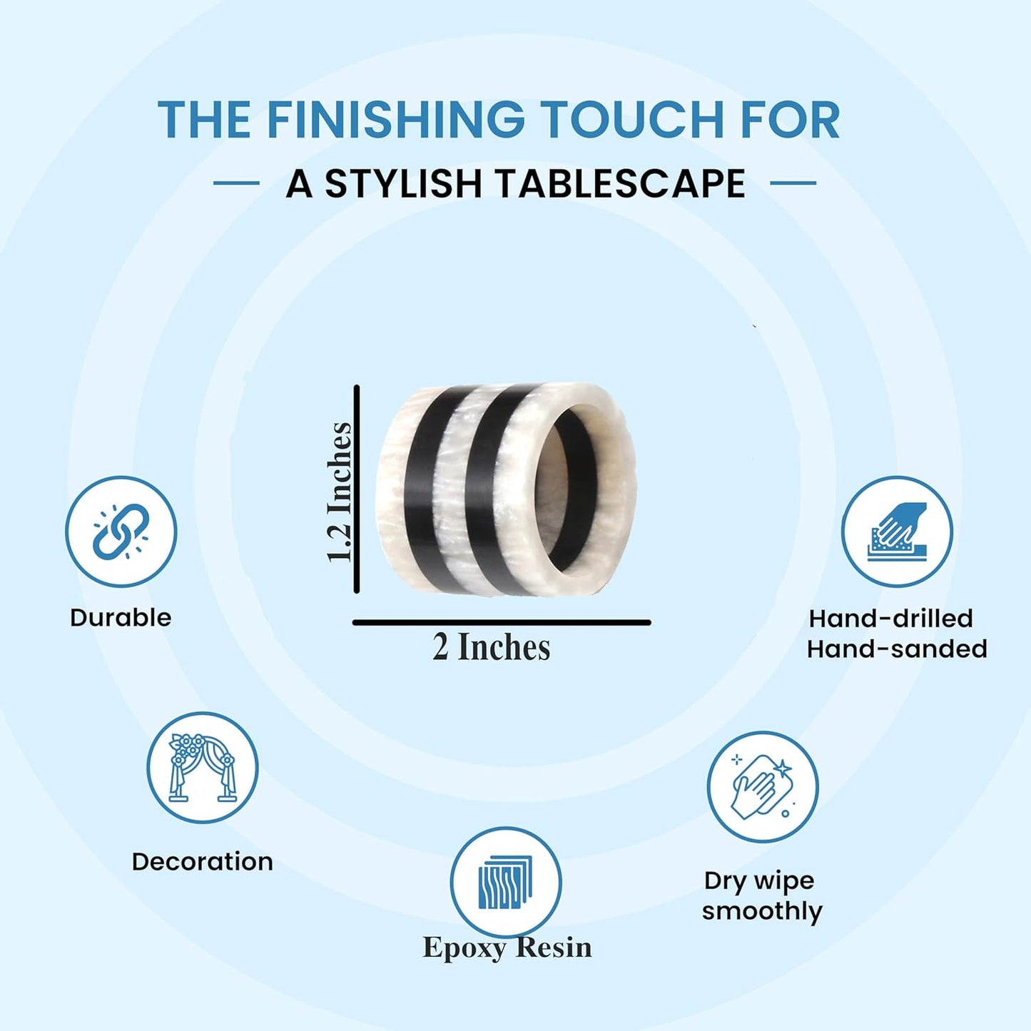 12-Pcs Epoxy Resin Napkin Rings - Handmade Elegant Napkin Holders for Table Décor, Dining, Weddings, Holidays & Special Events - Durable & Lightweight, Easy to Clean (Black White) - CLEENTABLE