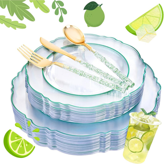 Liacere 150PCS Clear and Green Plastic Plates - Disposable Plates with Glitter Bamboo Handle Cutlery - 60 Baroque Elegant Plates,30Forks,30Spoons,30Knives for St. Patrick's Party