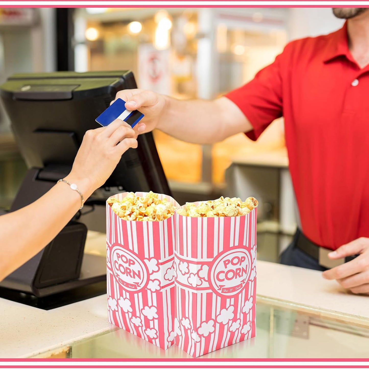 200 Pcs Paper Popcorn Bags Bulk 2 oz Large Flat Bottom Boxes Red and White Disposable Container Sleeve Movie Night Popcorn Bucket for Retro Movie Themed Party Carnival Supplies (Pink and White)