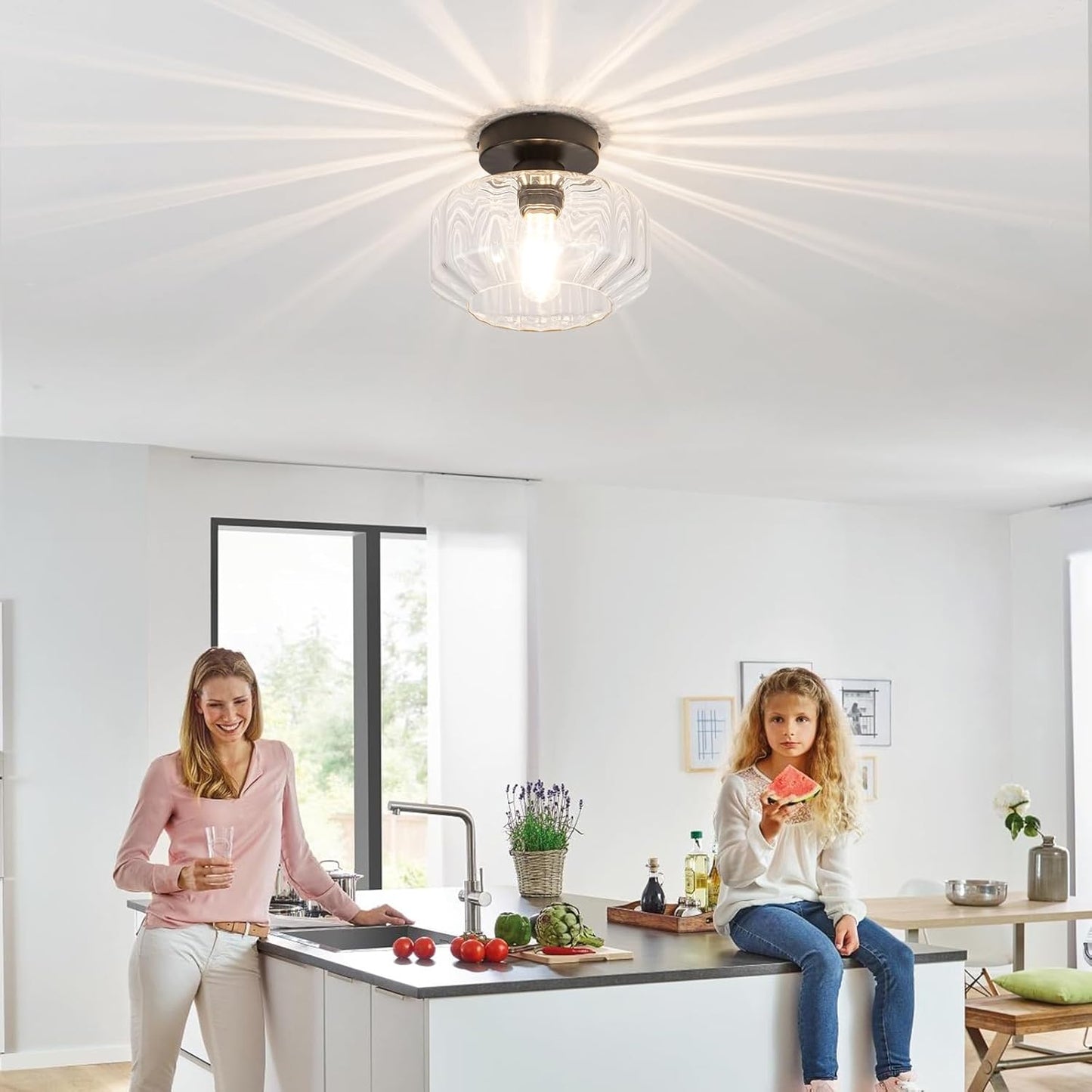 Semi Flush Mount Ceiling Light with Hexagonal Diamond Textured Glass, Matte Black Base & Includes 1200LM LED Bulb - Kitchen Lighting, Hallway Light Fixture, Bathroom Ceiling Light Fixture