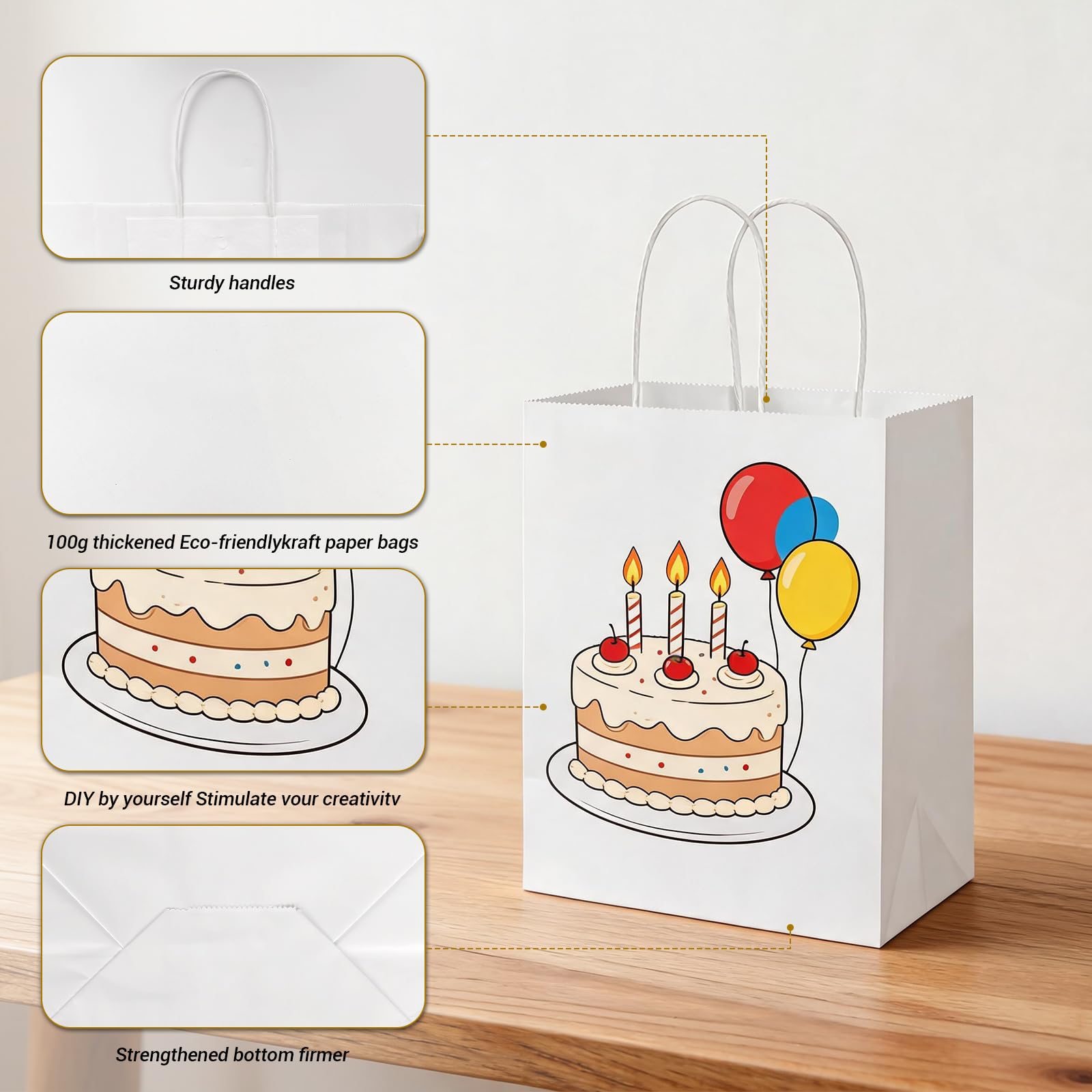 bagmad 100Pcs Pack 8x4.75x10 inch Medium White Kraft Paper Bags with Handles Bulk, Gift Bags, Craft