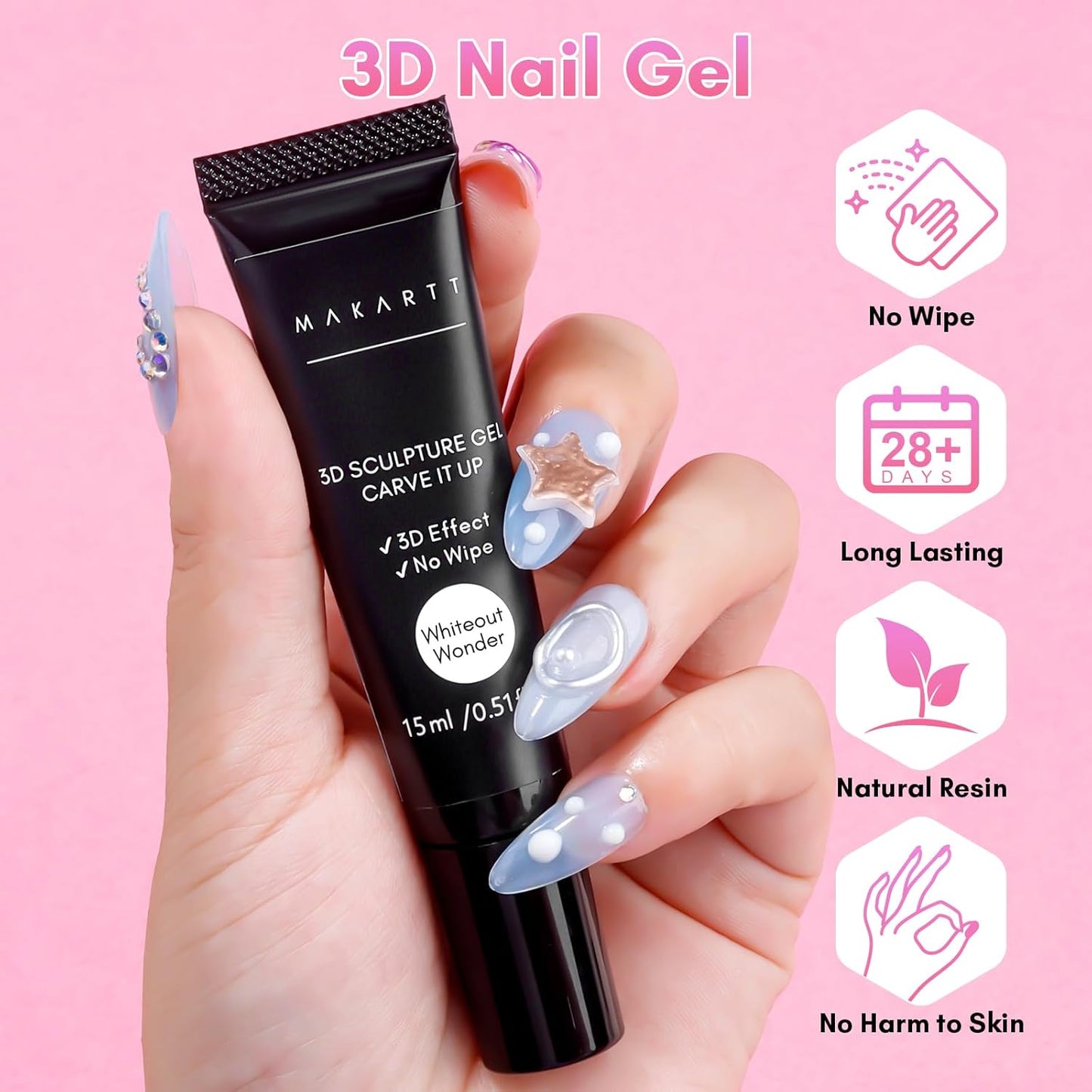Makartt 3D Nail Gel for Nail Art: No Wipe 15g White Sculpting Molding Candy Craving Gel Polish Rhinestone Nails Charm Glue Decoration Manicure Designs (Whiteout Wonder)