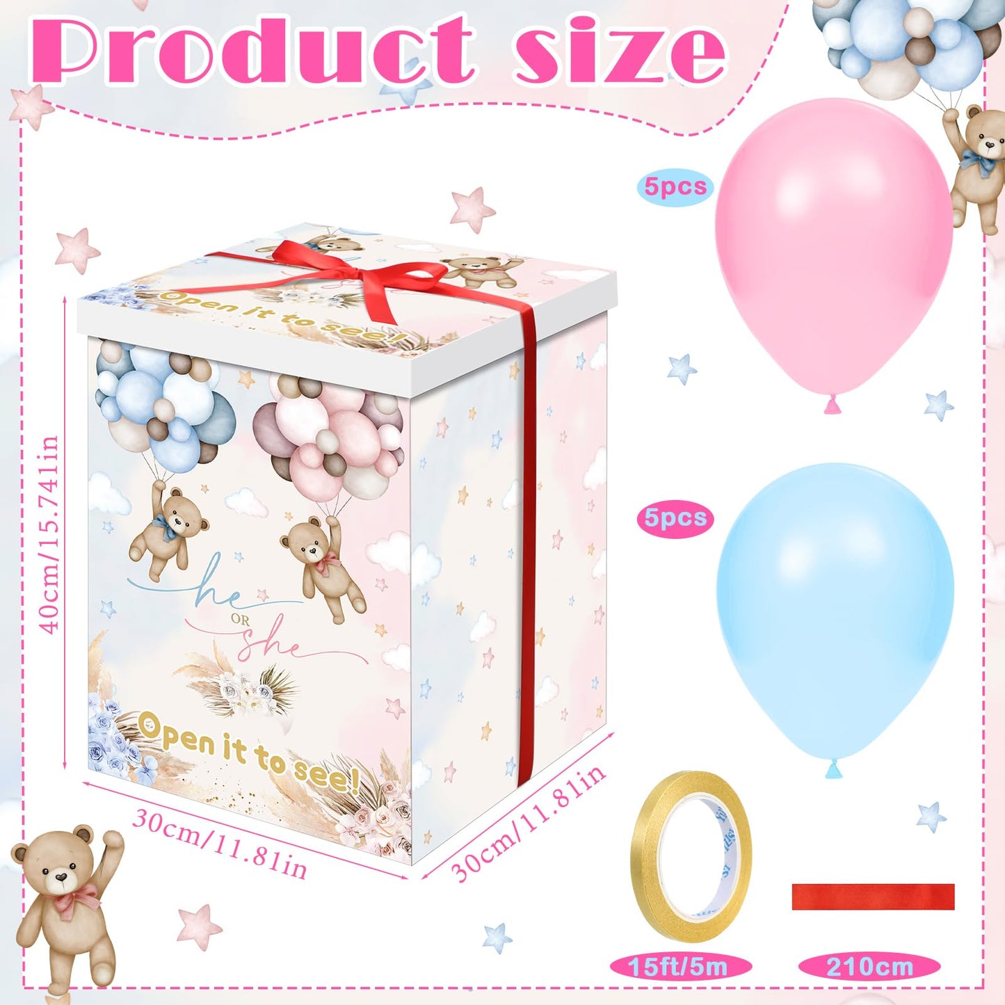 Hungdao Gender Reveal Balloon Box with Ribbon and 10 Pink and Blue Balloons Gender Reveal Games He