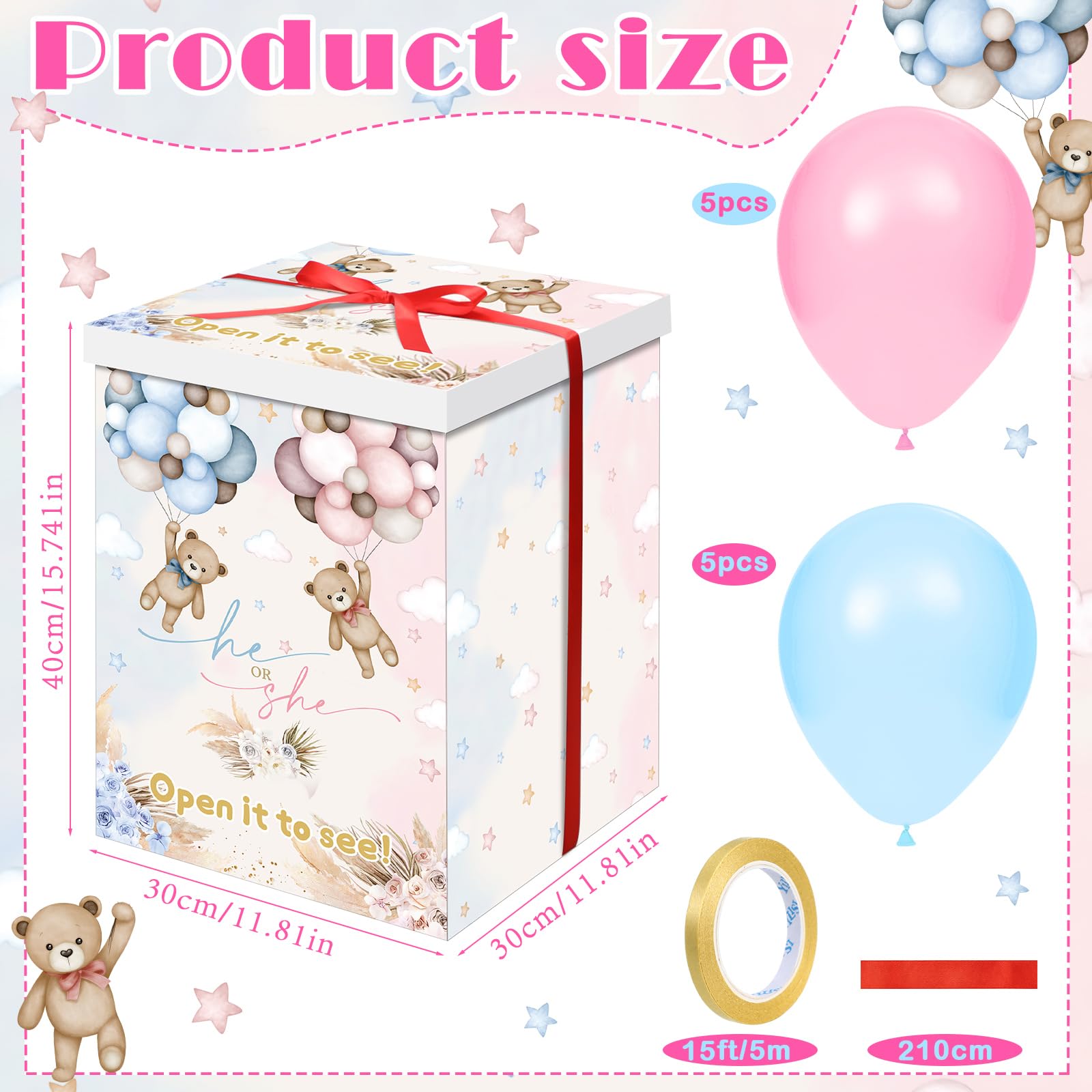 Hungdao Gender Reveal Balloon Box with Ribbon and 10 Pink and Blue Balloons Gender Reveal Games He