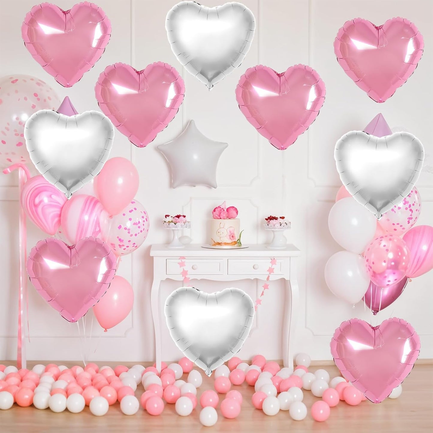 Pink Silver Heart Balloons,12Pcs 18Inch Pink Silver Heart Shaped Foil Helium Balloons for Baby Shower Birthday Anniversary Wedding Engagement Party Decorations