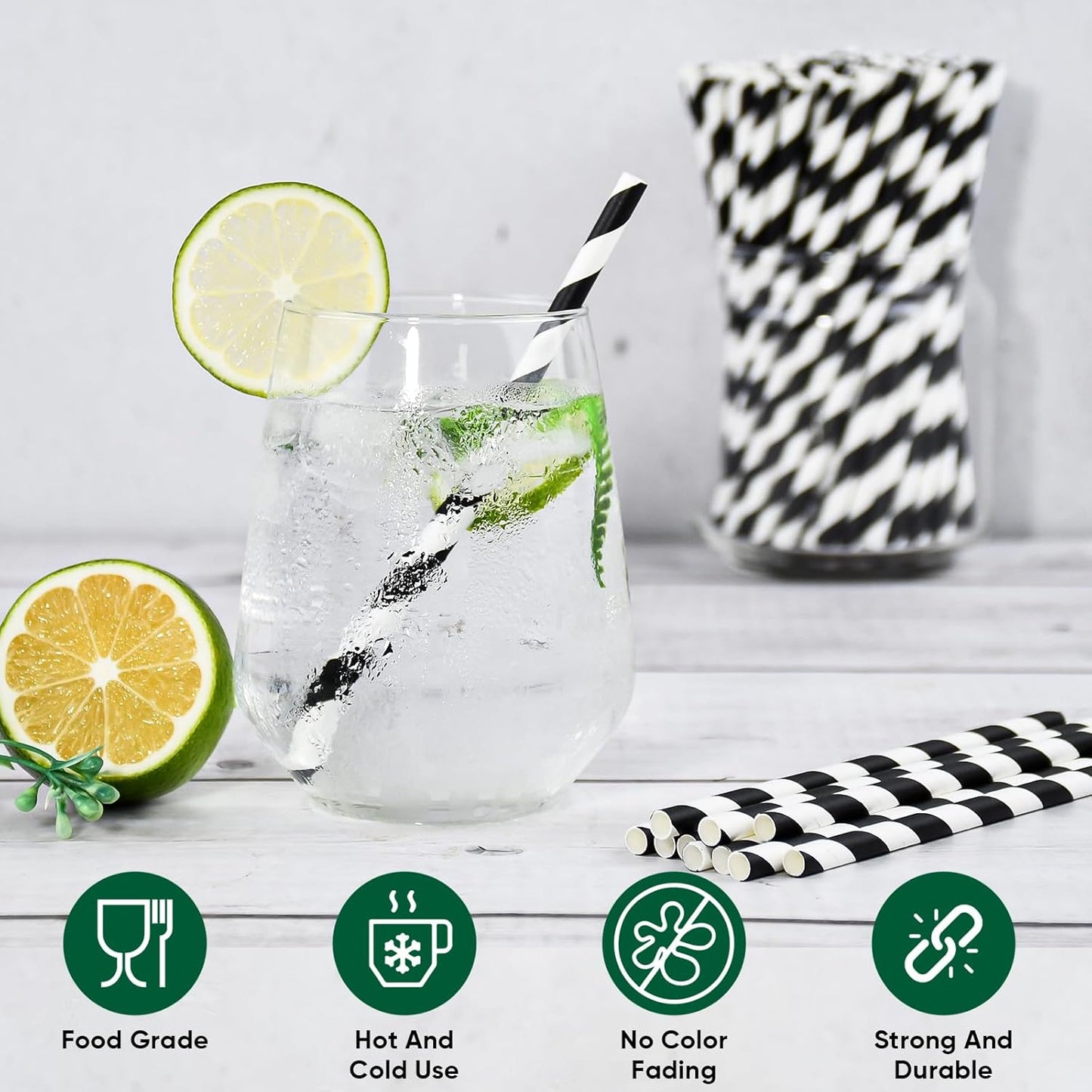 [500 Counts] Chunspak 5.75 inch Eco-friendly Disposable Short Paper Drinking Straws Bulk for Cocktail, Mixed Drinks - Black White Striped