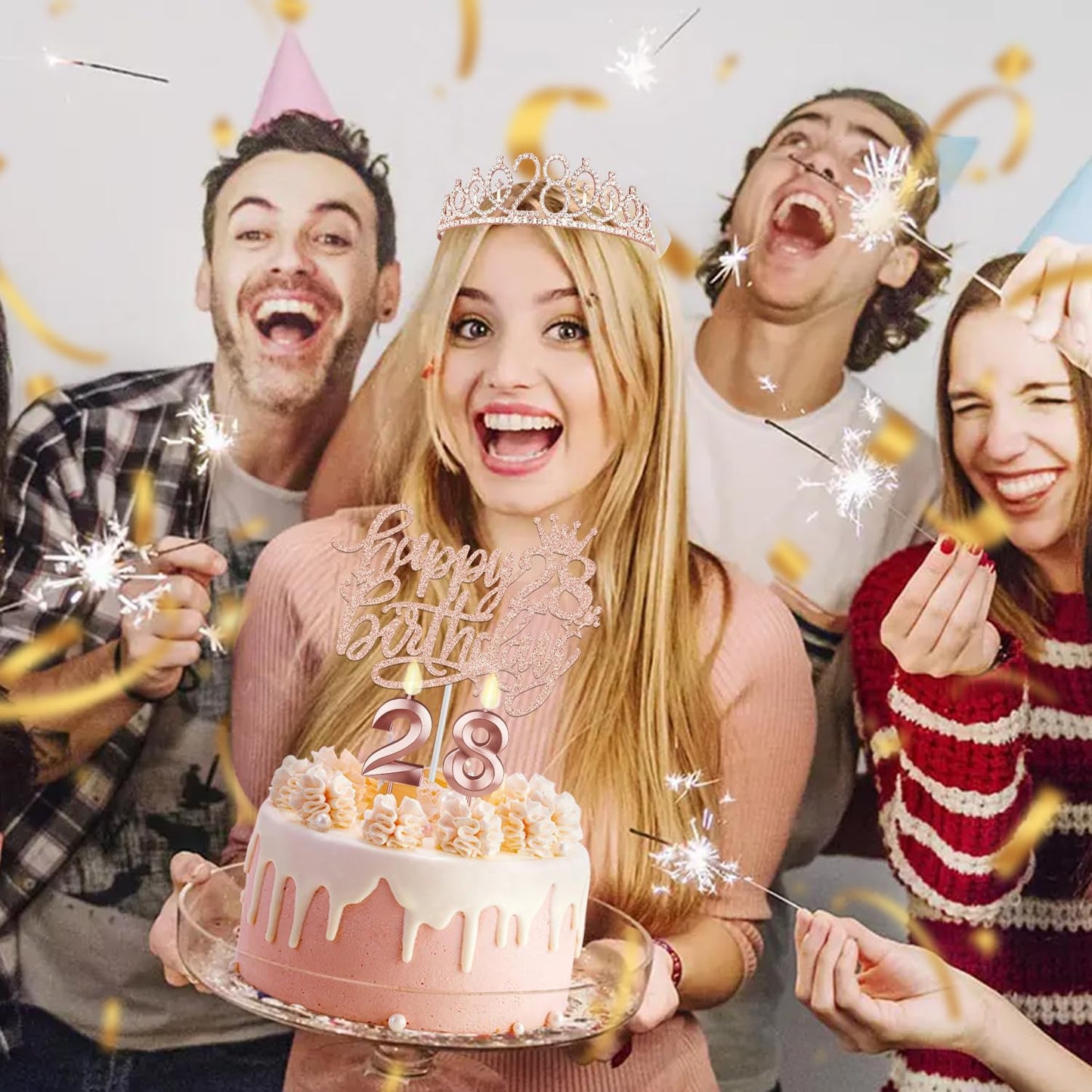 28th Birthday Decorations for Women with Birthday Sash and Tiara, Candles and Cake Topper, Gifts for 28 Year Old Woman