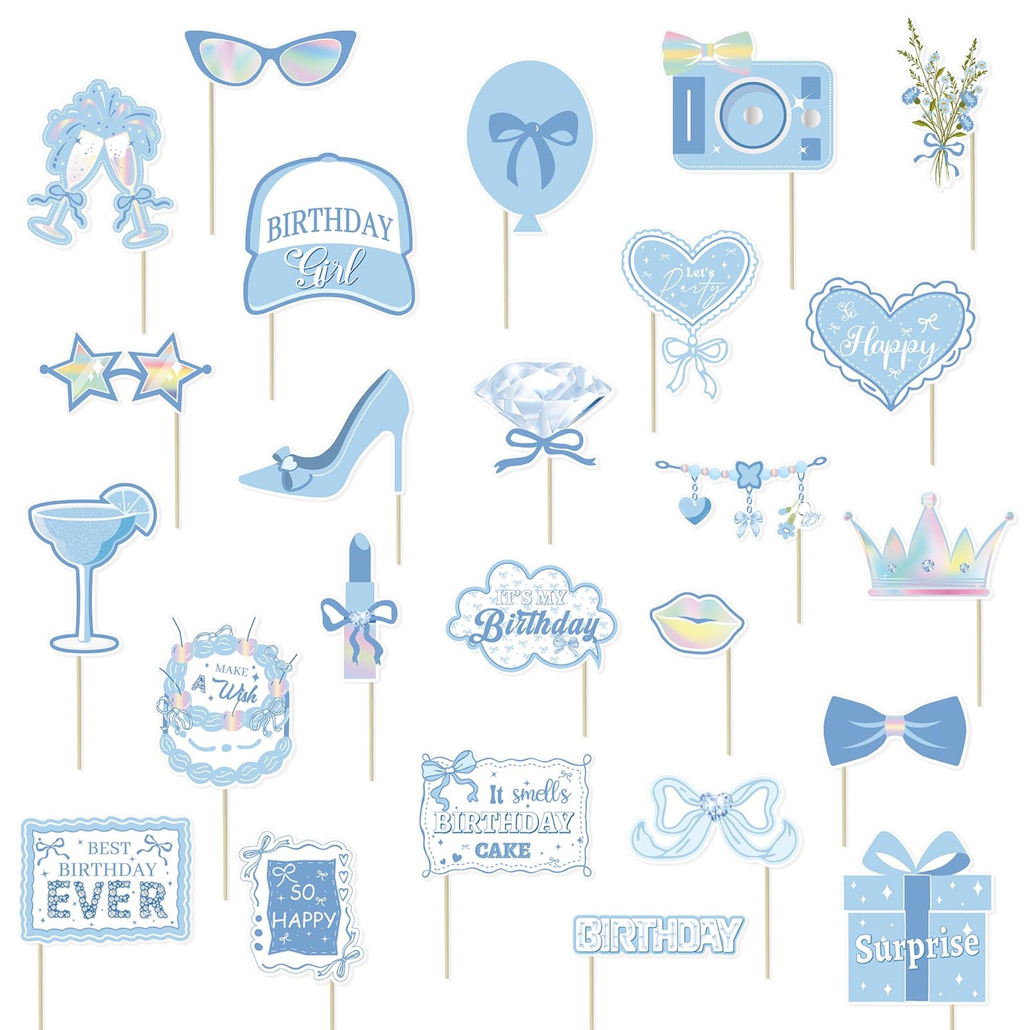 Blue Bow Party Decorations Photo Booth Props Signs,25pcs Bow Bluey Birthday Decorations Selfie