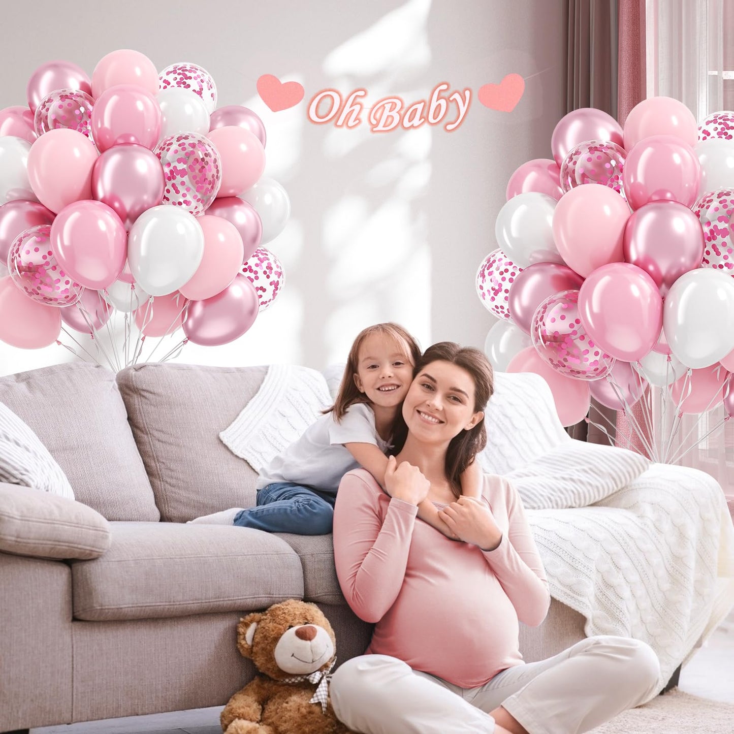 12inch Light Pink and White Balloons with Pearl Baby Pink Confetti Balloons