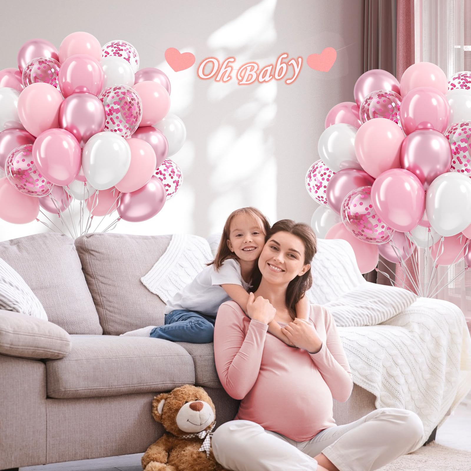 12inch Light Pink and White Balloons with Pearl Baby Pink Confetti Balloons