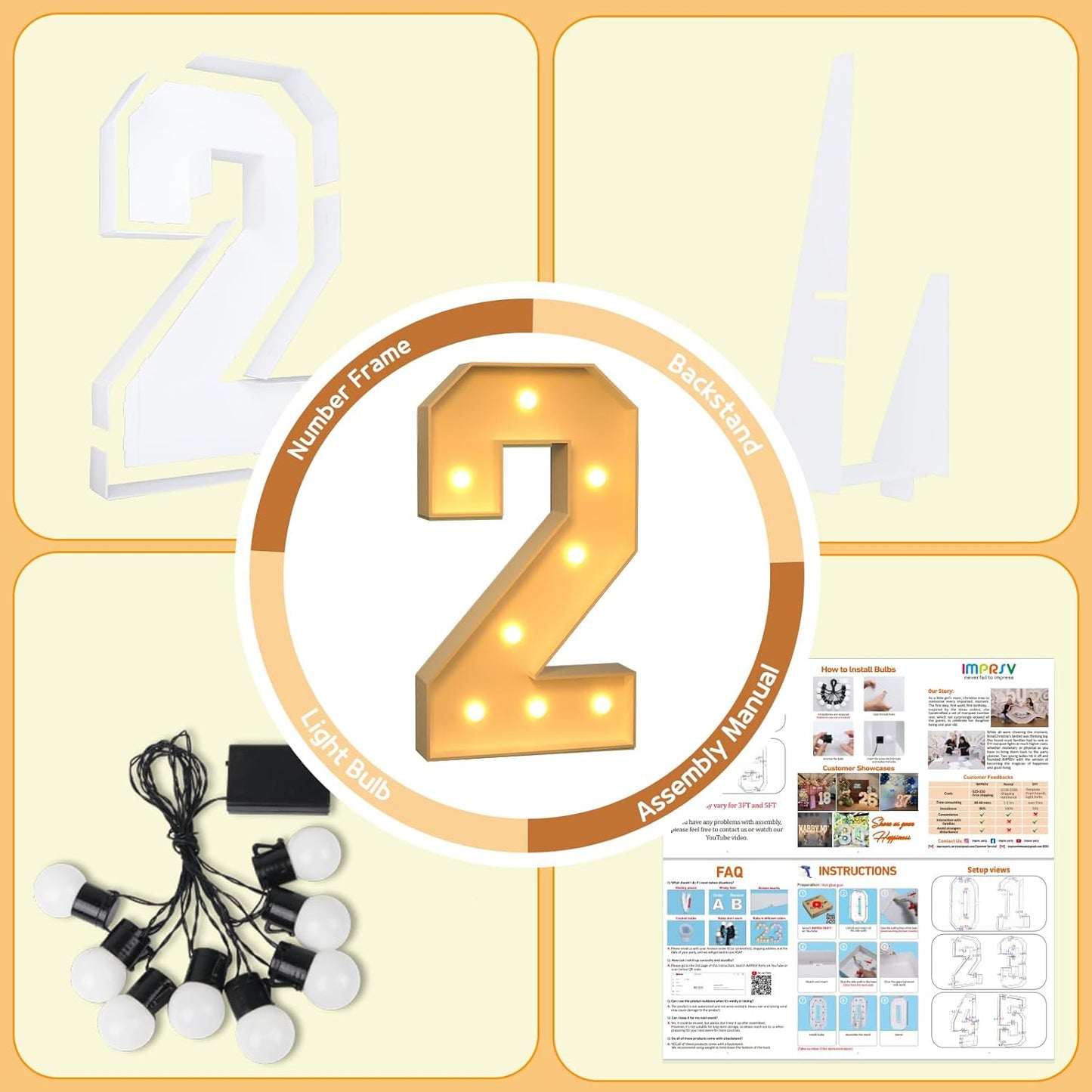 imprsv 3FT Marquee Numbers, Light Up Numbers for 2nd 25th Birthday Decorations Anniversary Party Decor, Number 2 Light Up Number, Pre-Cut Foam Board Kit