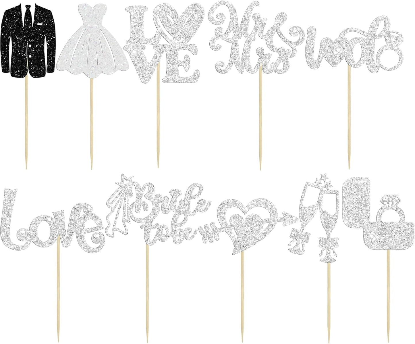 Ephlyn 30Pcs Bride to be Cupcake Toppers Glitter Diamond Ring Love I Do Cupcake Picks for Miss to Mrs Bridal Shower Wedding Engagement Bachelorette Cupcake Decorations Party Supplies Silver