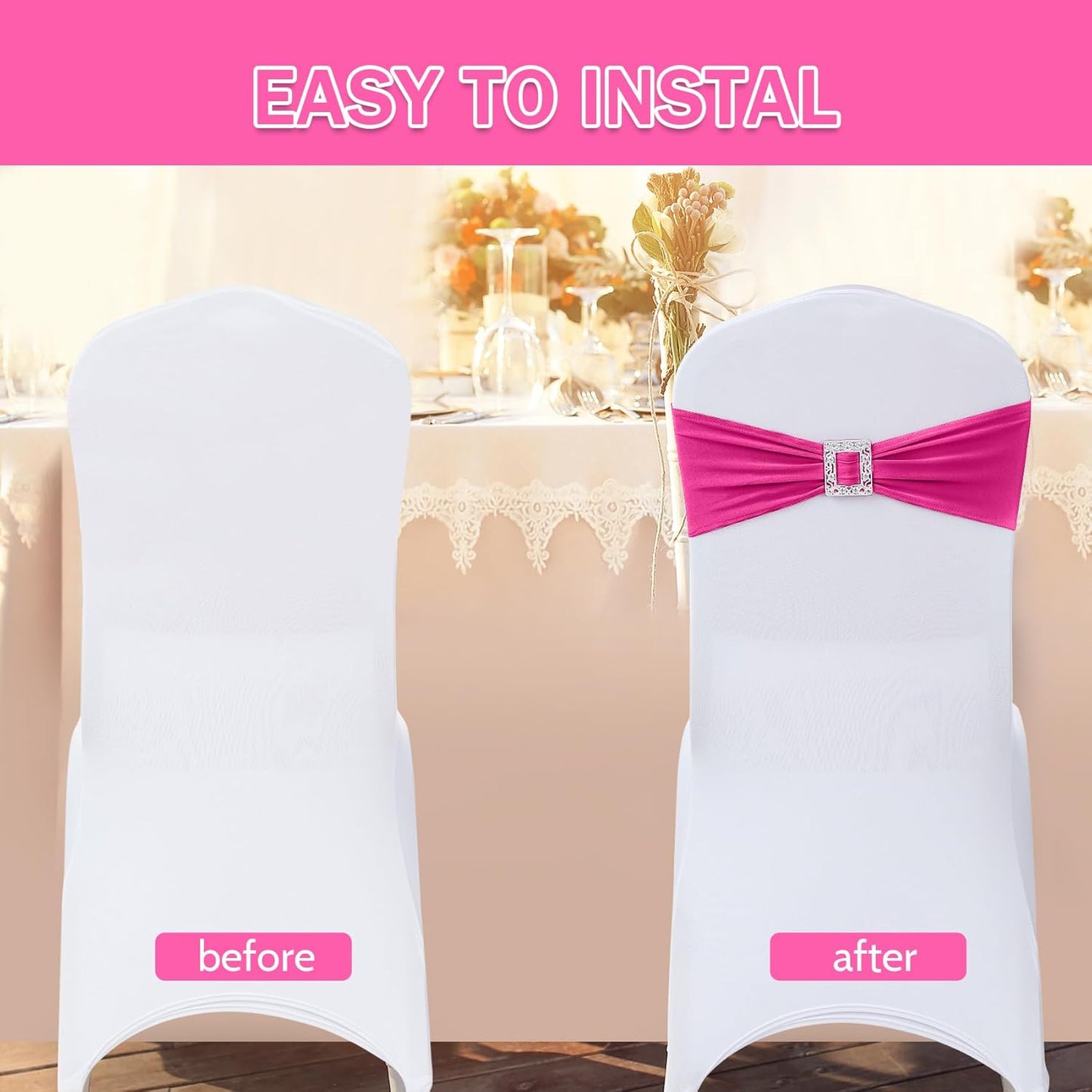 Joccun 120 PCS Spandex Chair Sashes Bows Stretch Chair Cover Band with Buckle Slider Universal Elastic Chair Ties for Wedding Banquet Party Event Decoration (Fuchsia)