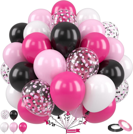 Pink and Black Balloons, 12 Inch Pink Black Balloons, Hot Pink White Pastel Confetti Latex Balloon for Girls Birthday Baby Shower Wedding Bridal Shower Party Decorations