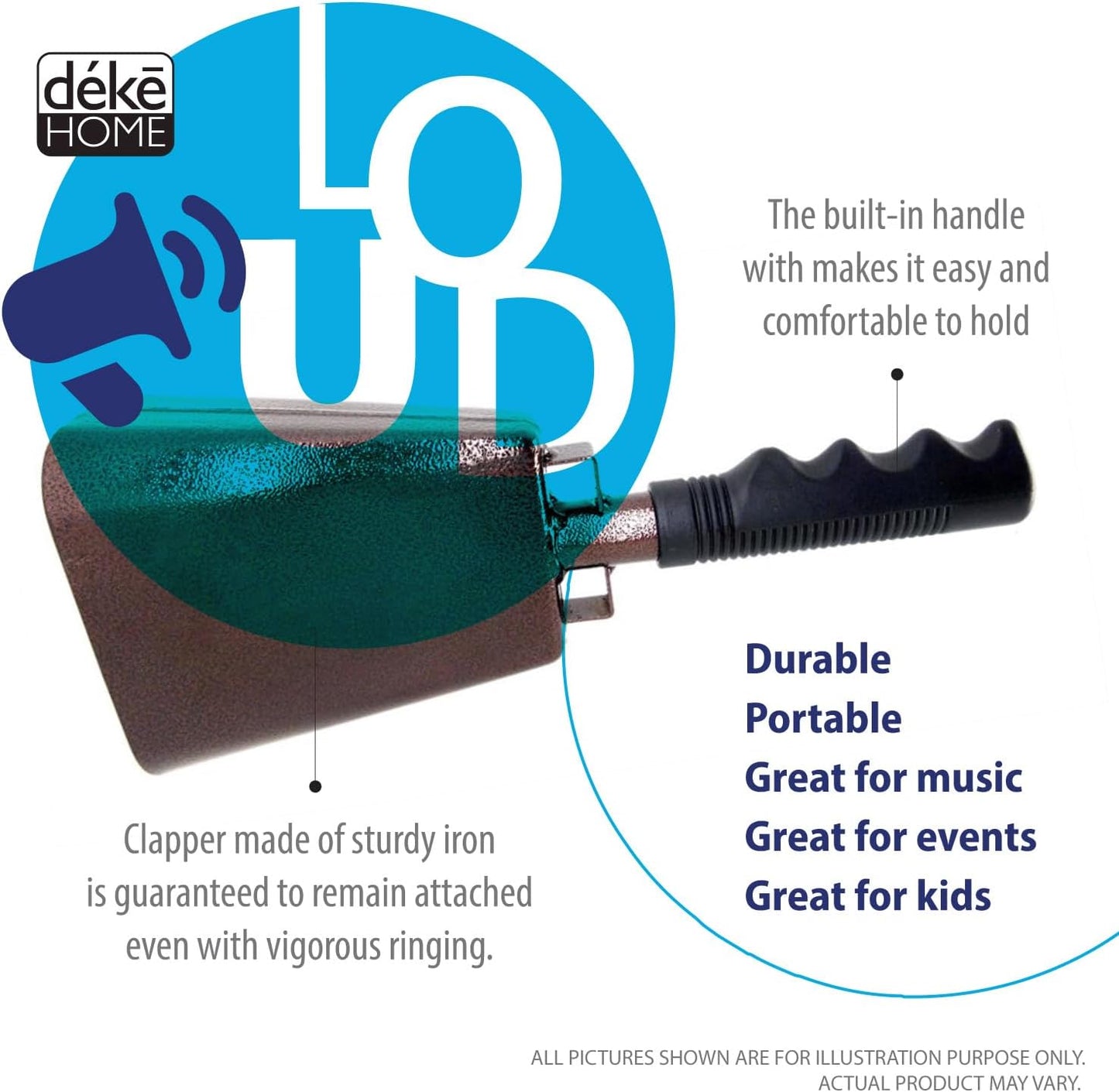 Deke Home - 2 Pack 10 Inch Steel Cowbells with Handle, Loud Noise Makers for Football, Sports, Parties, Competitions, School Spirit & Safety, Large Hand Bell for Cheering & Percussion Instrument