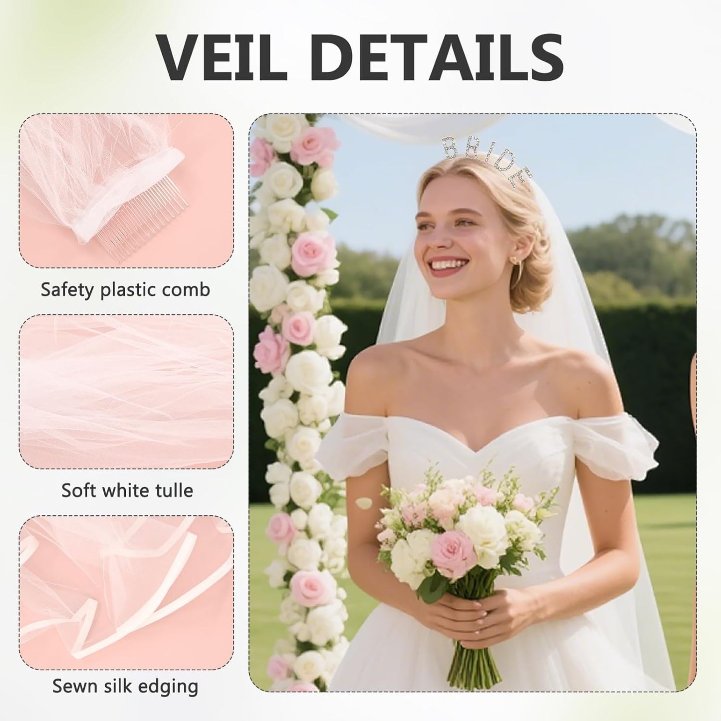 MVVM Bride Sash and Bachelorette Sashes Set | 3-Piece Bridal Headband with Tiara Veil, Sash, Veil for Bride to Be - Wedding Shower, Bachelorette Party