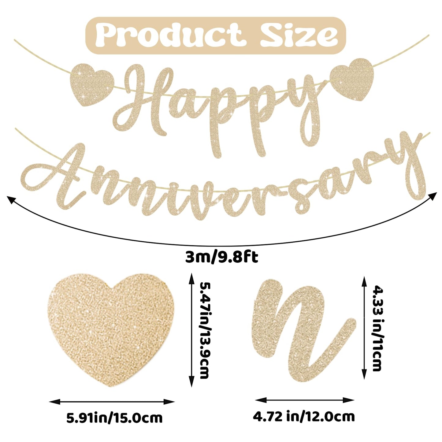 SerpizePaty Happy Anniversary Banner, Pre-Strung Gold Glitter Wedding Anniversary Decorations